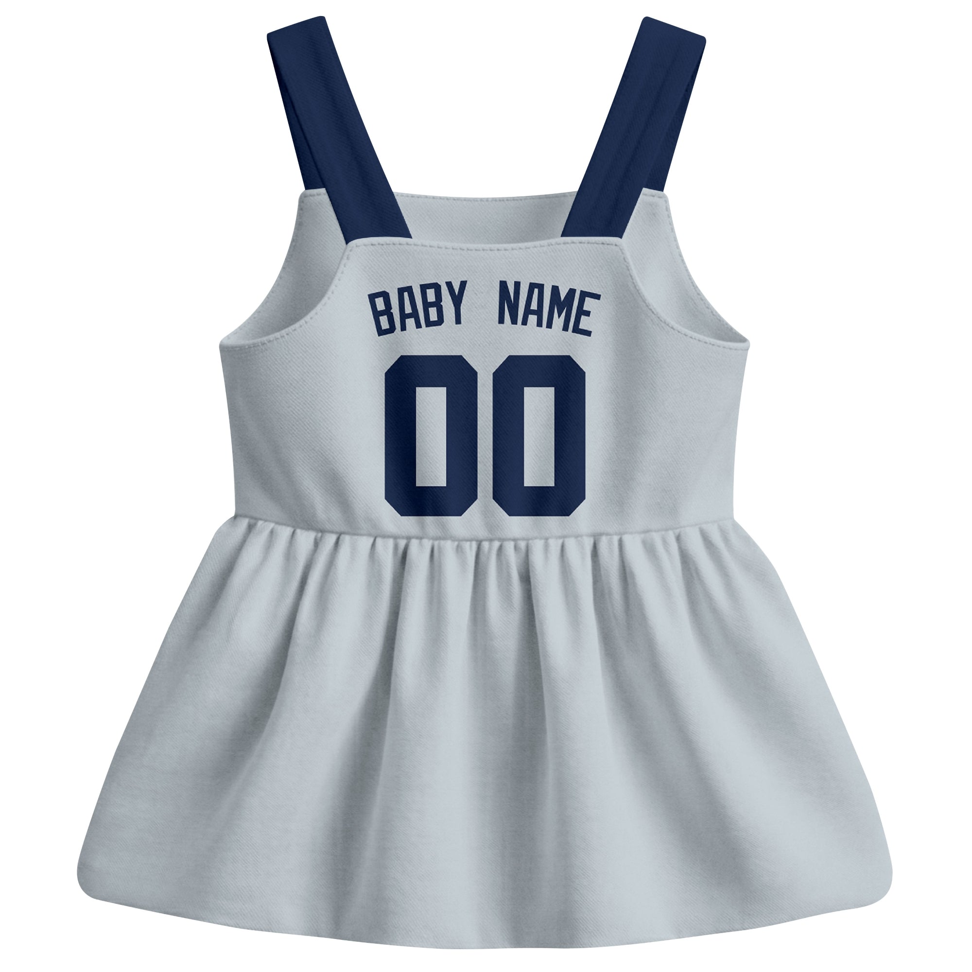 Gray New York-inspired baseball baby strap dress back view with custom baby name and number