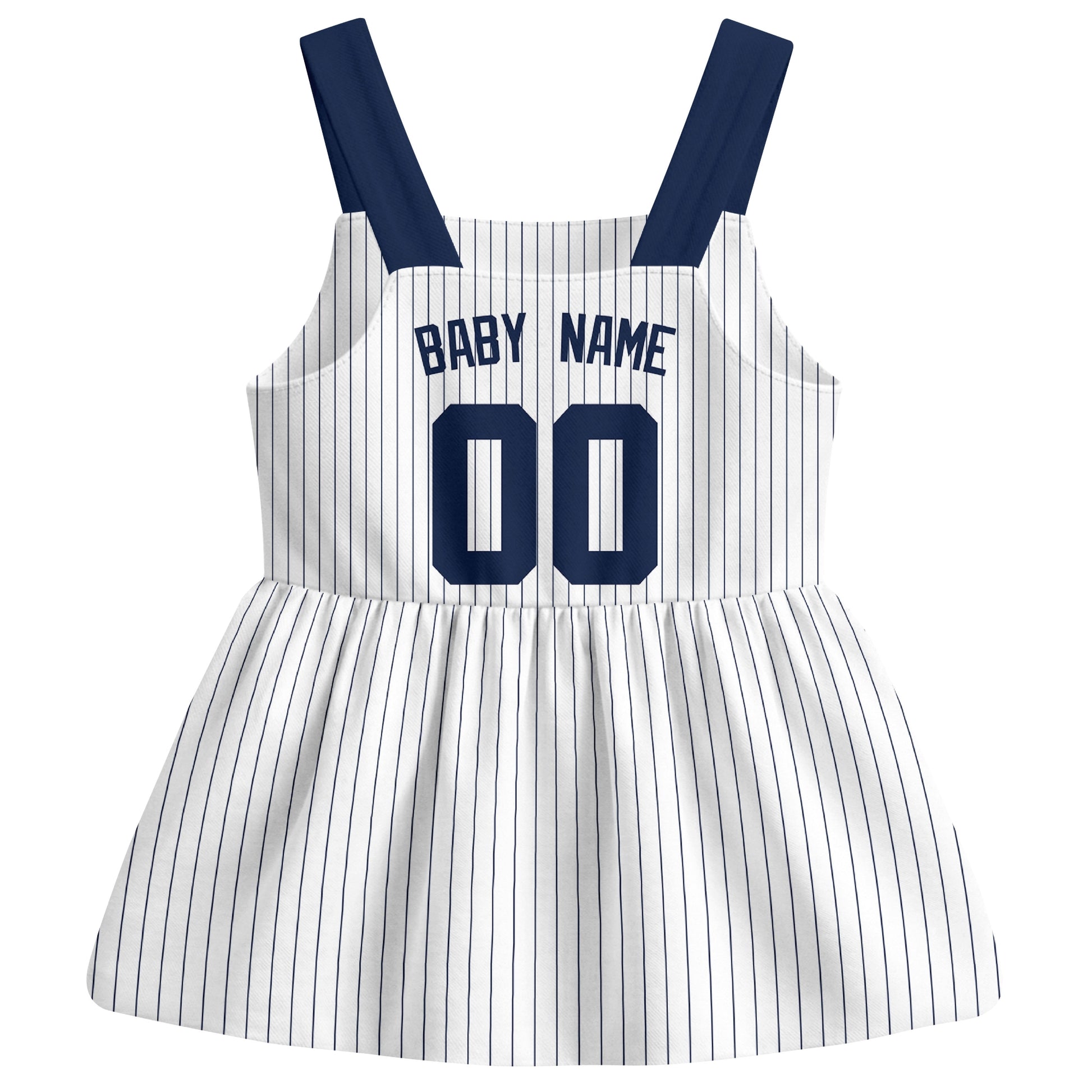 White New York-inspired baseball baby strap dress back view with custom baby name and number