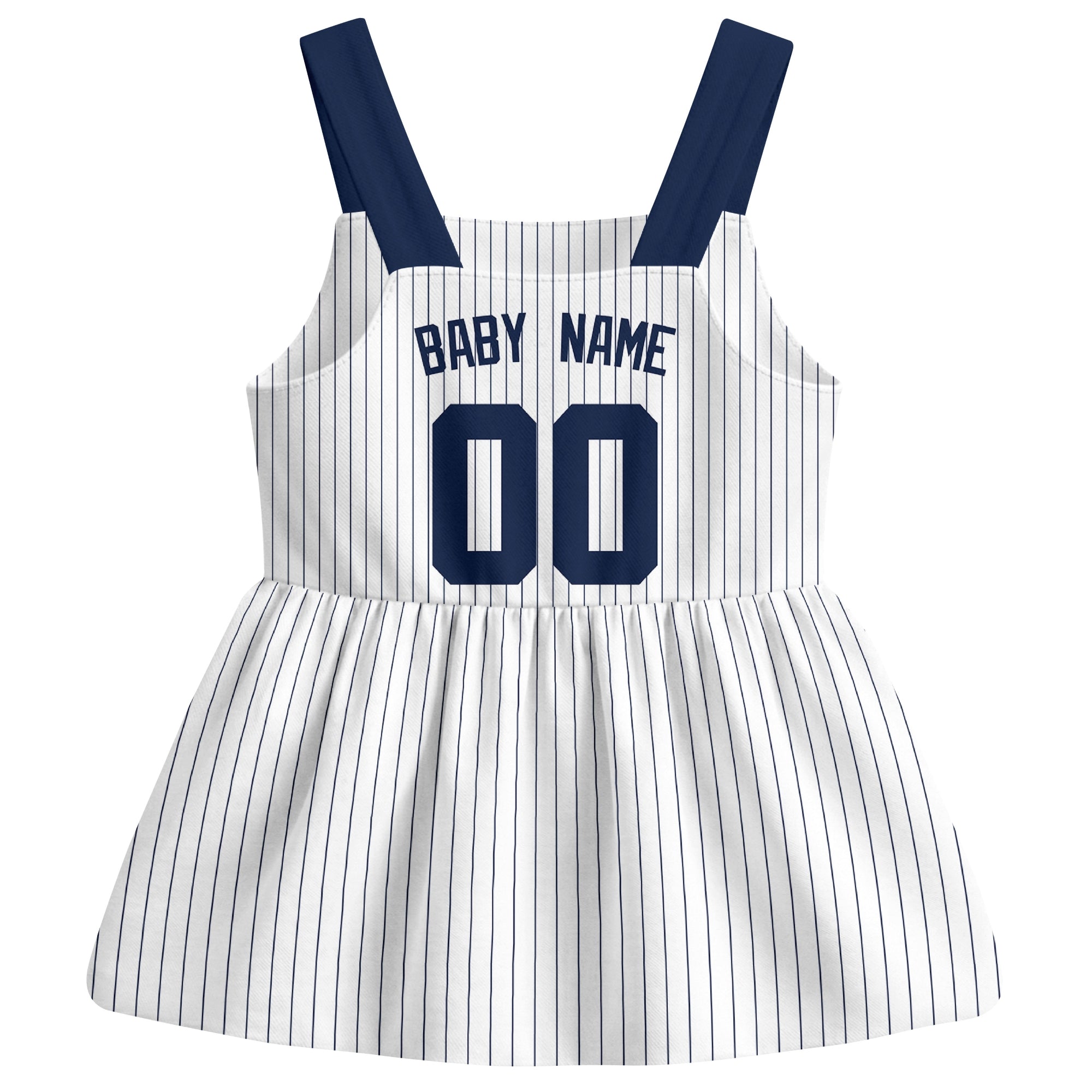 White New York-inspired baseball baby strap dress back view with custom baby name and number