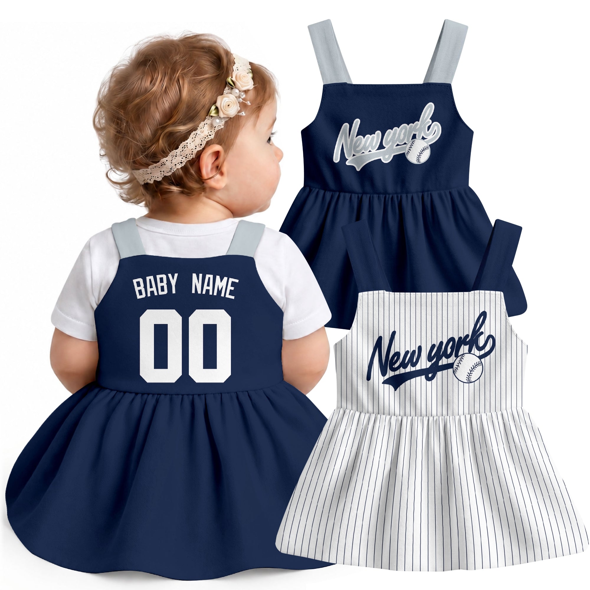 New York-inspired baseball baby strap dress modeled in Navy, with Navy and White front designs shown