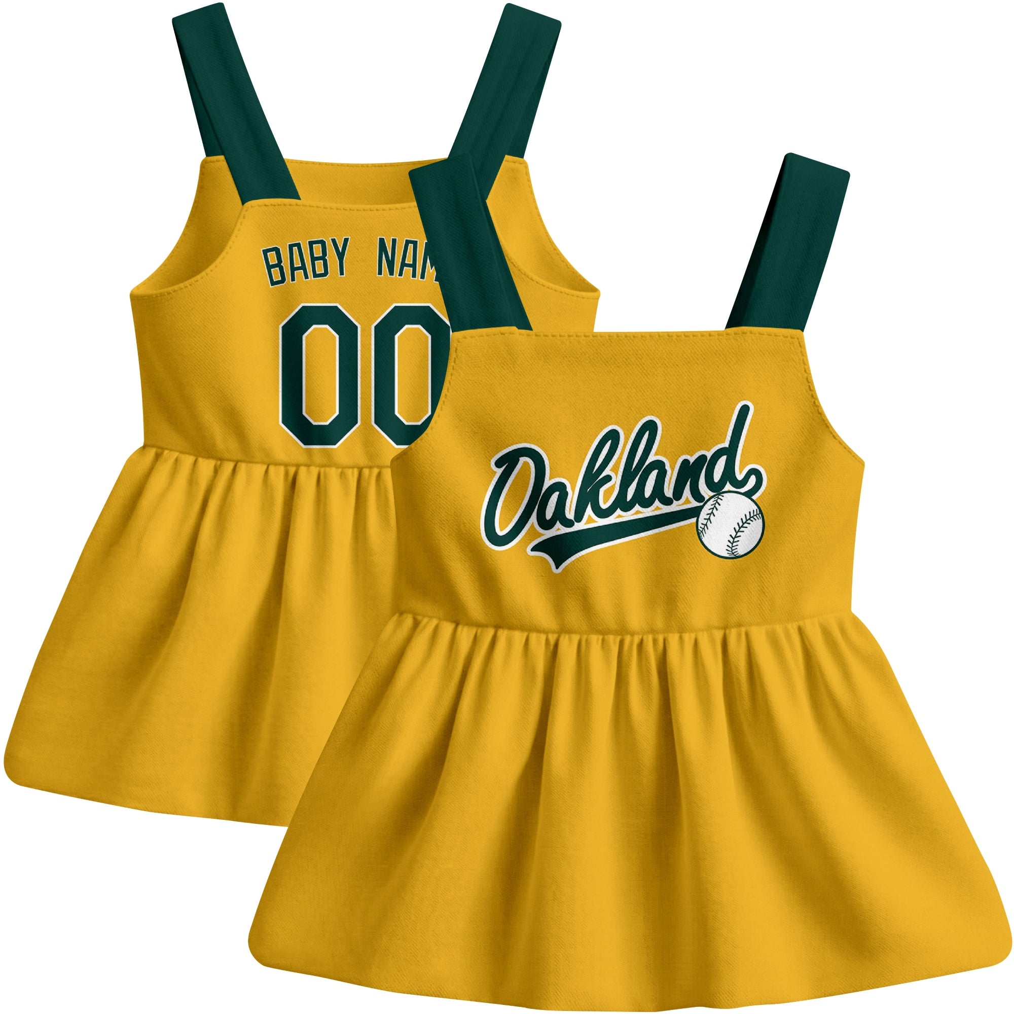 Gold Oakland-inspired baseball baby strap dress front and back view with custom name and number