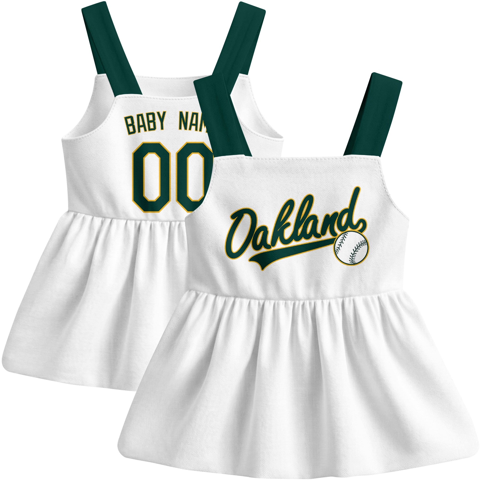White Oakland-inspired baseball baby strap dress front and back view with custom name and number