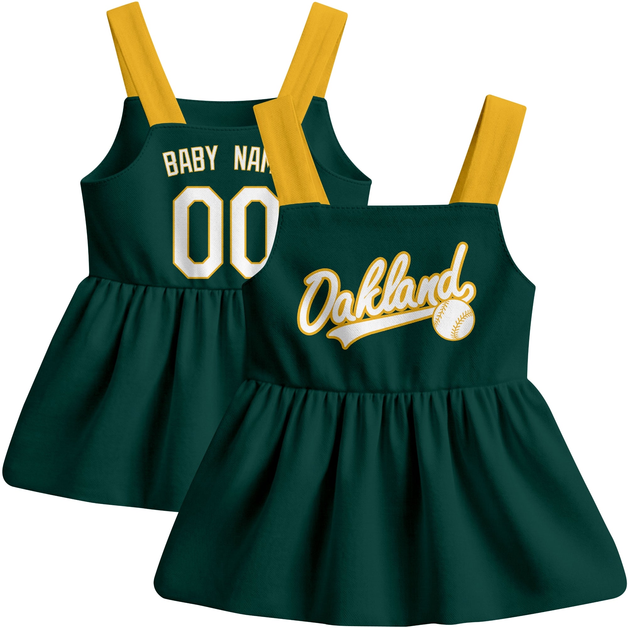 Green Oakland-inspired baseball baby strap dress front and back view with custom name and number