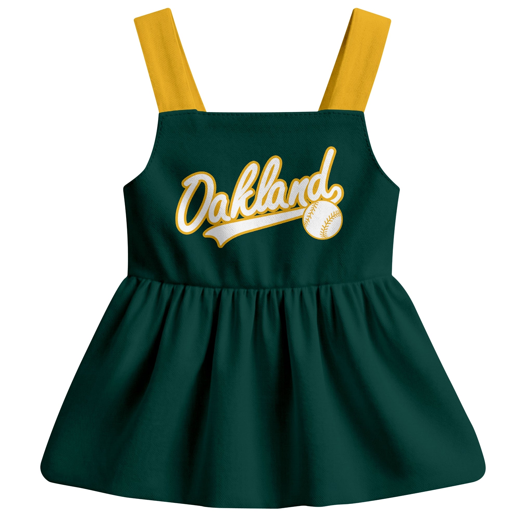 Green Oakland-inspired baseball baby strap dress front view with bold baseball graphic
