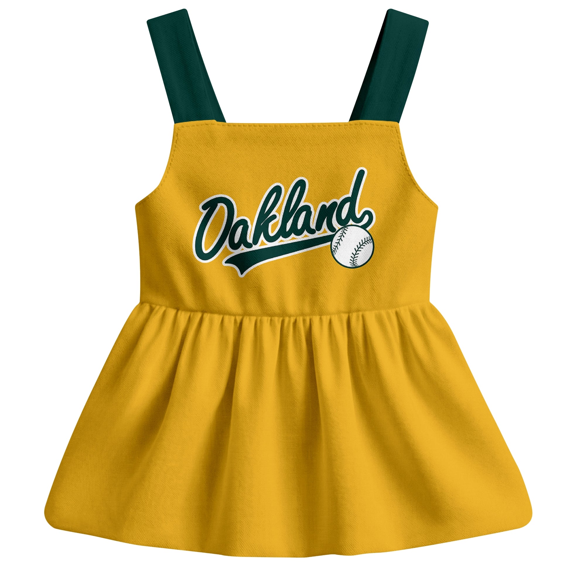 Gold Oakland-inspired baseball baby strap dress front view with bold baseball graphic