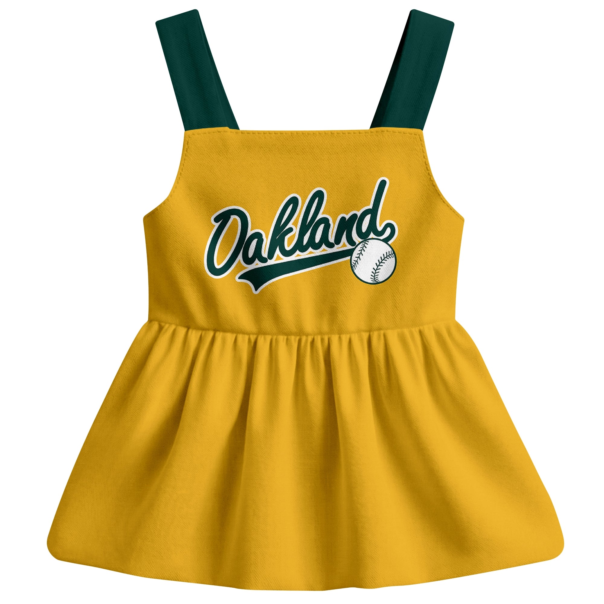 Gold Oakland-inspired baseball baby strap dress front view with bold baseball graphic