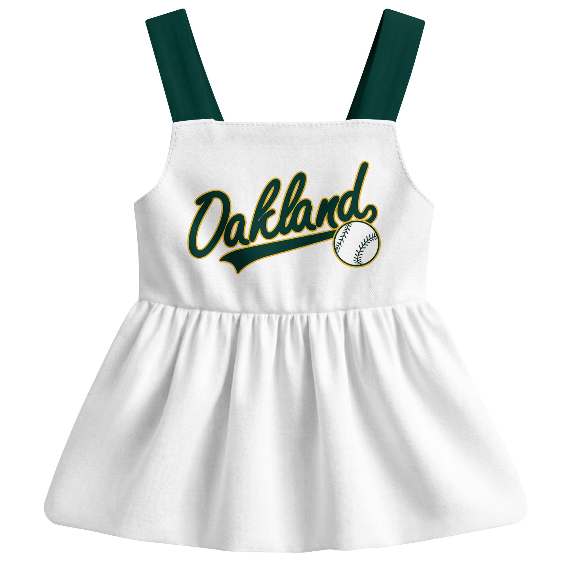 White Oakland-inspired baseball baby strap dress front view with bold baseball graphic