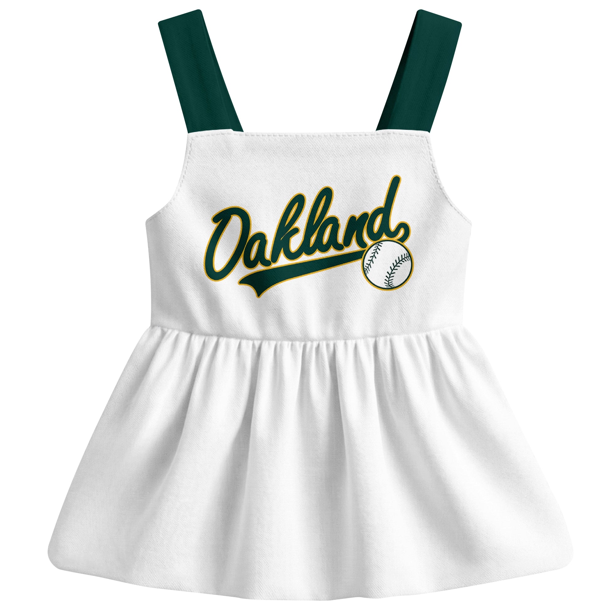 White Oakland-inspired baseball baby strap dress front view with bold baseball graphic