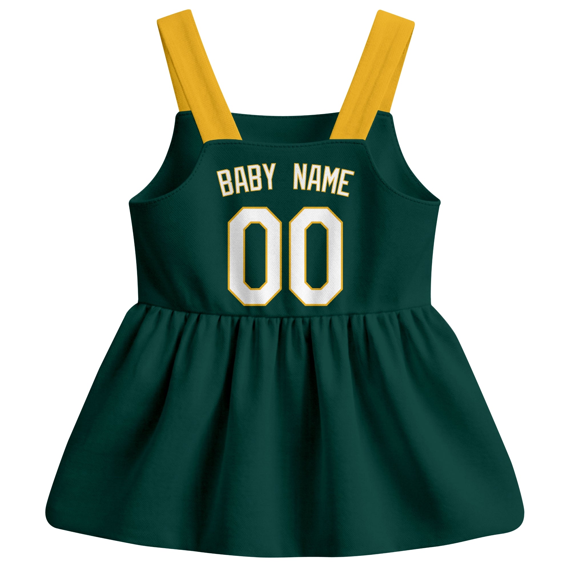 Green Oakland-inspired baseball baby strap dress back view with custom baby name and number