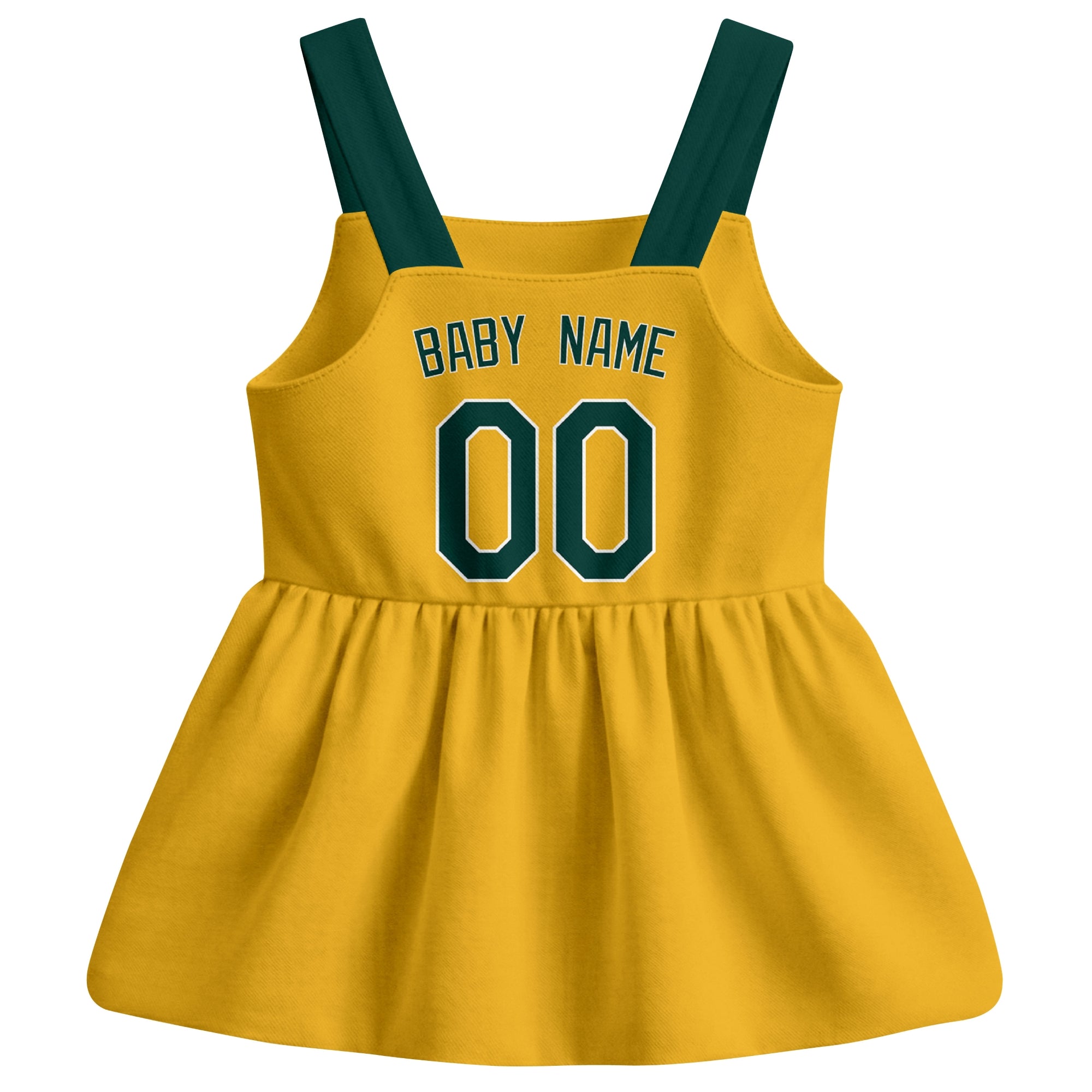 Gold Oakland-inspired baseball baby strap dress back view with custom baby name and number
