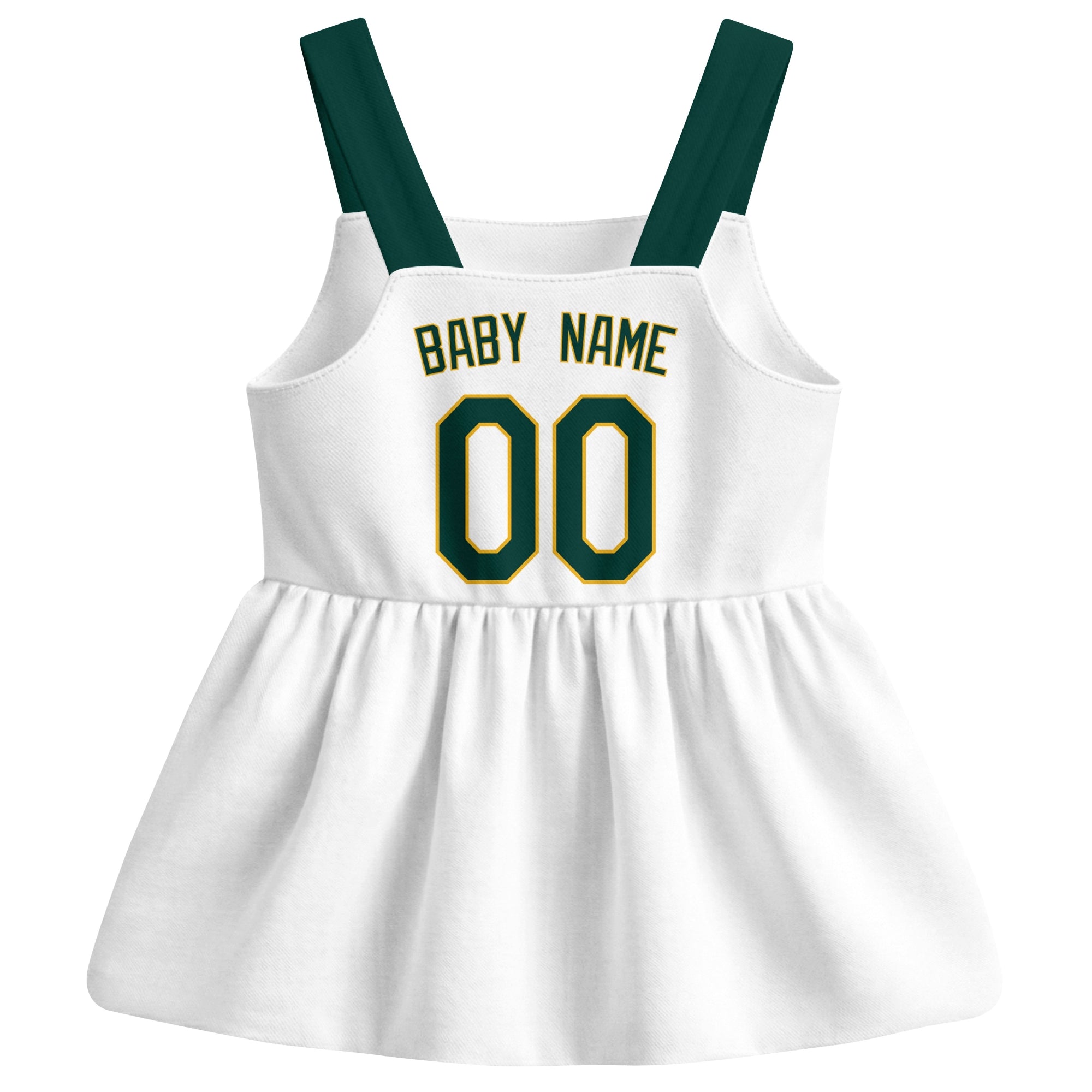 White Oakland-inspired baseball baby strap dress back view with custom baby name and number