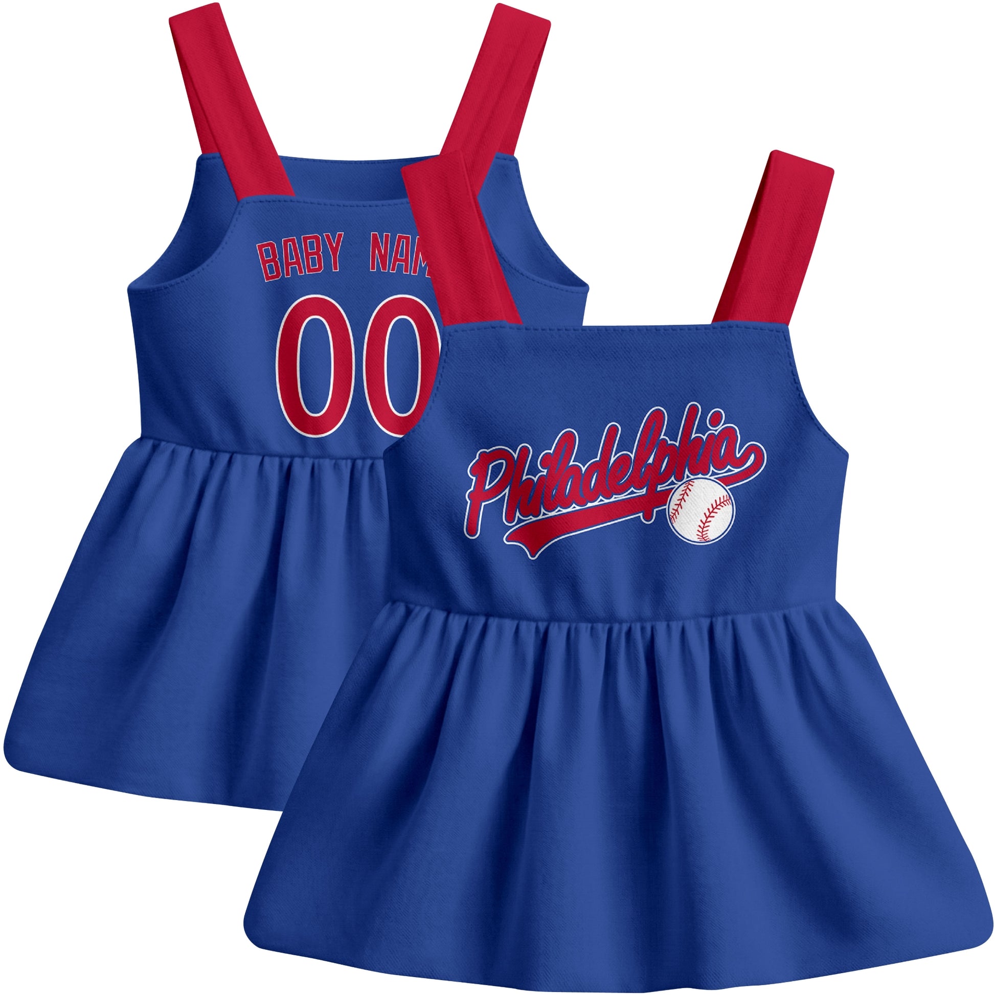 Royal Philadelphia-inspired baseball baby strap dress front and back view with custom name and number