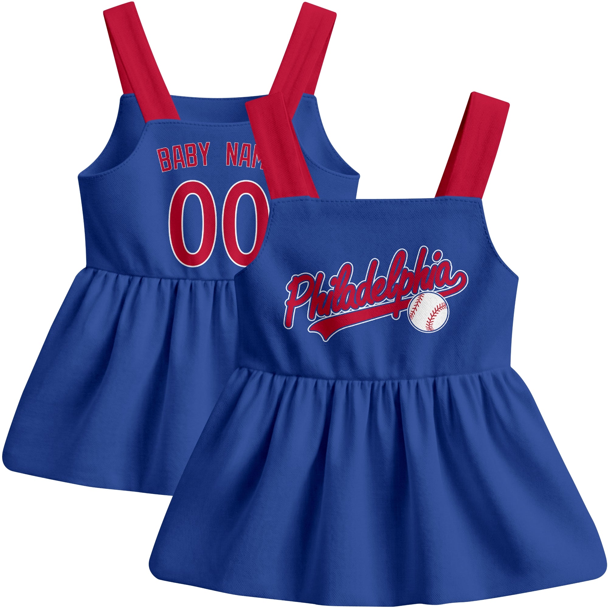 Royal Philadelphia-inspired baseball baby strap dress front and back view with custom name and number