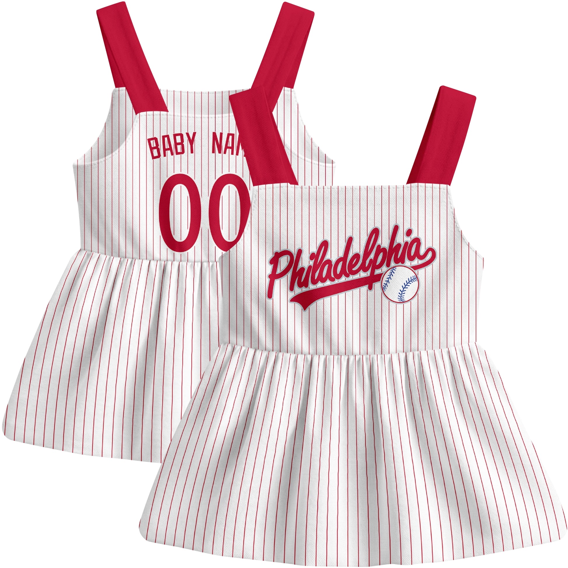 White Philadelphia-inspired baseball baby strap dress front and back view with custom name and number