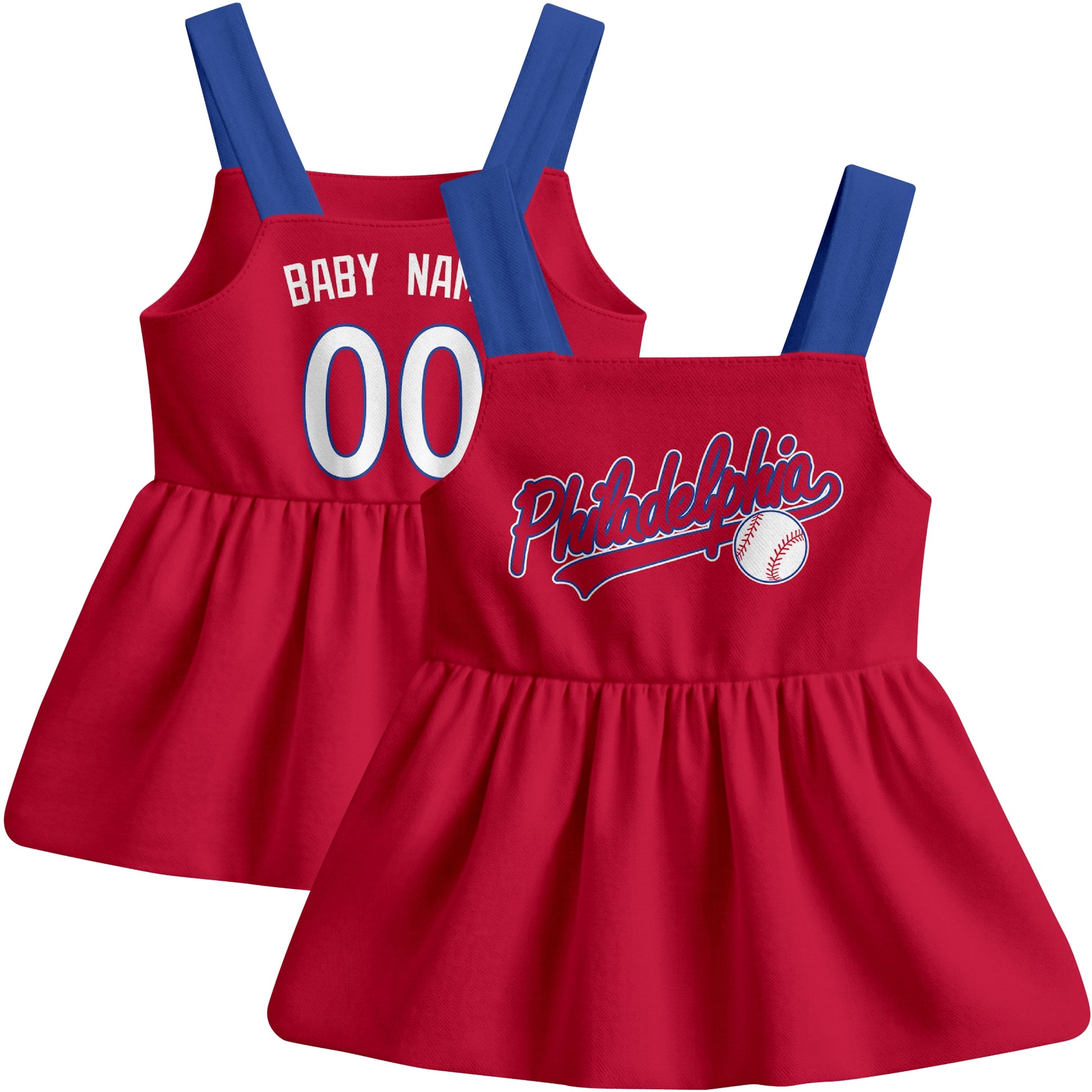 Red Philadelphia-inspired baseball baby strap dress front and back view with custom name and number