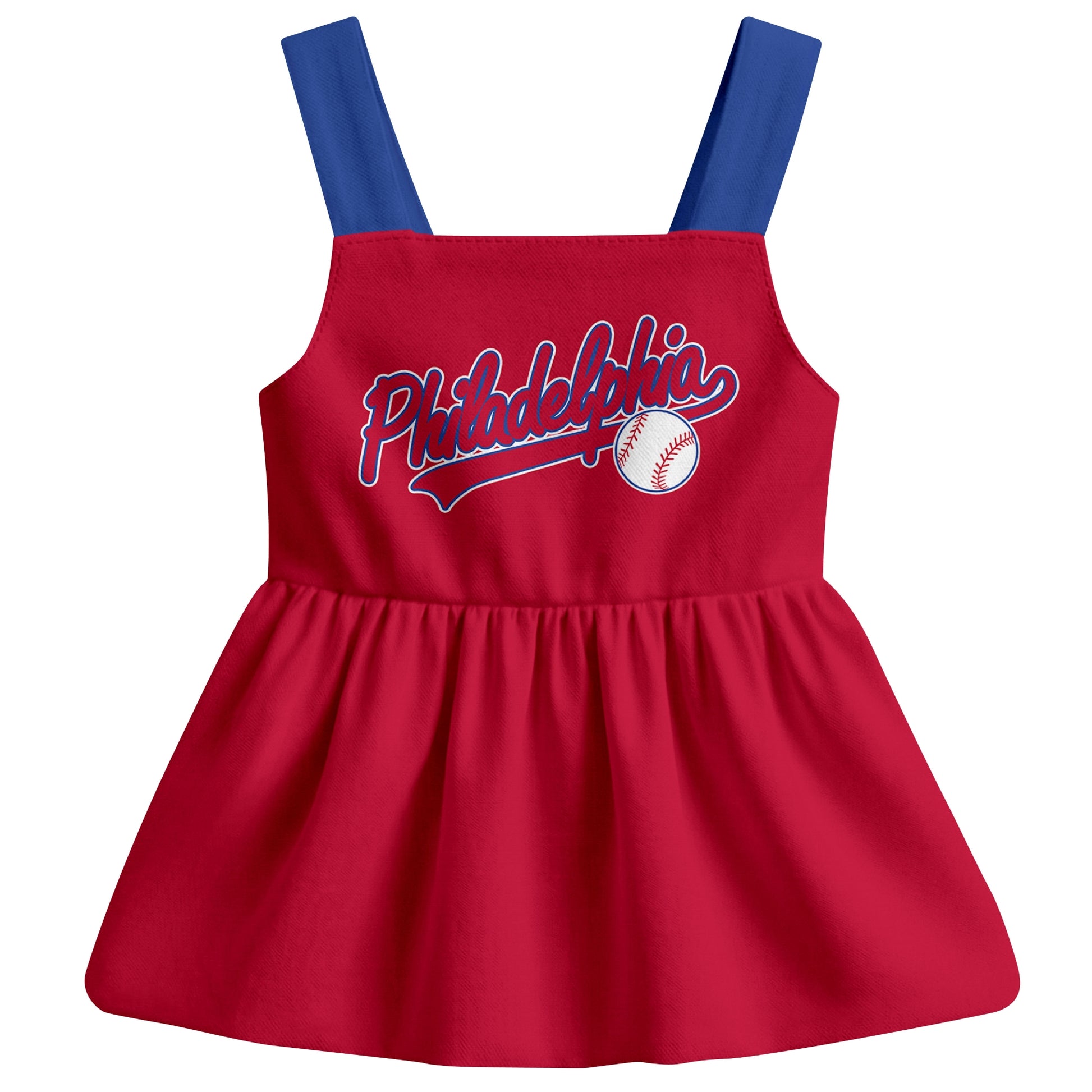 Red Philadelphia-inspired baseball baby strap dress front view with bold baseball graphic
