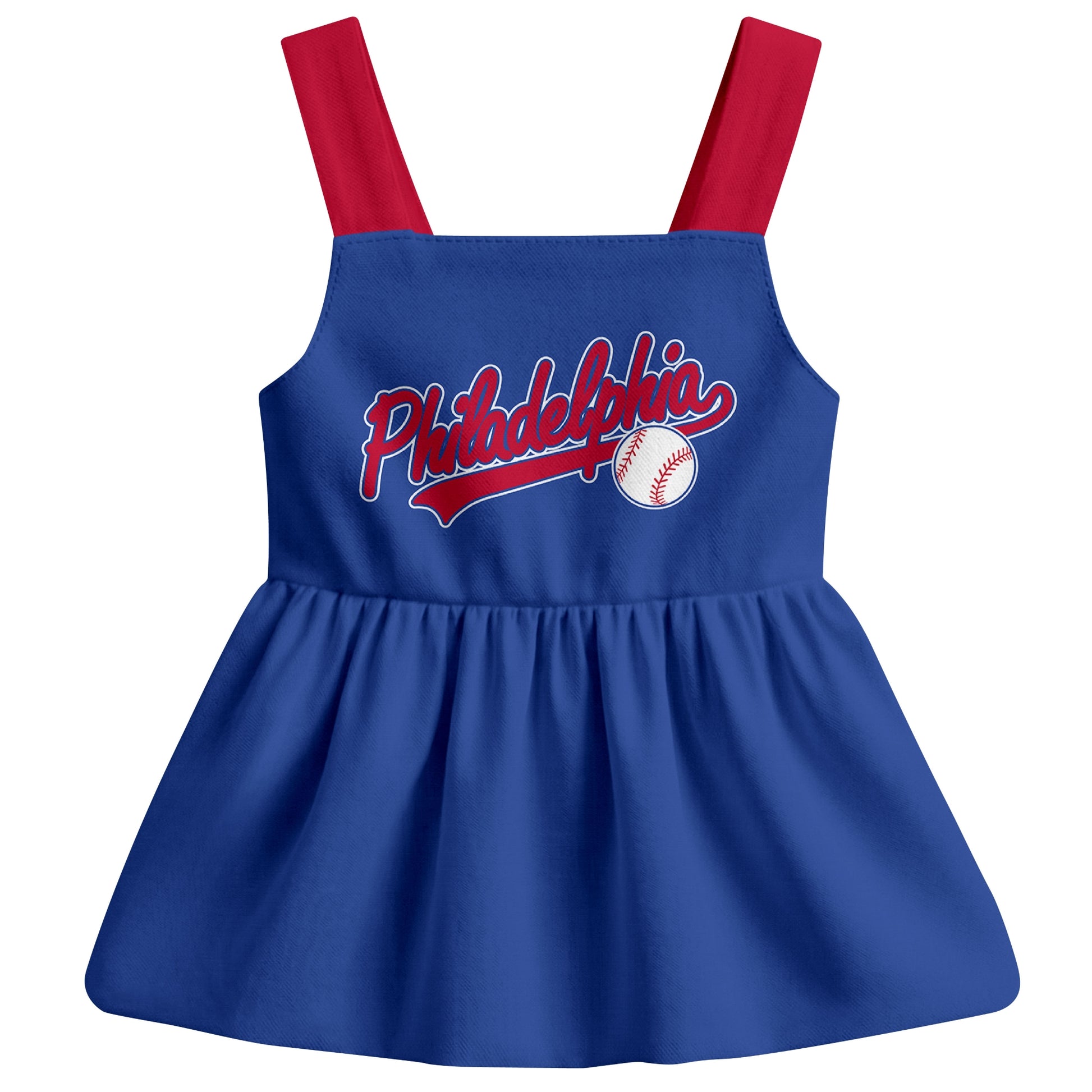 Royal Philadelphia-inspired baseball baby strap dress front view with bold baseball graphic