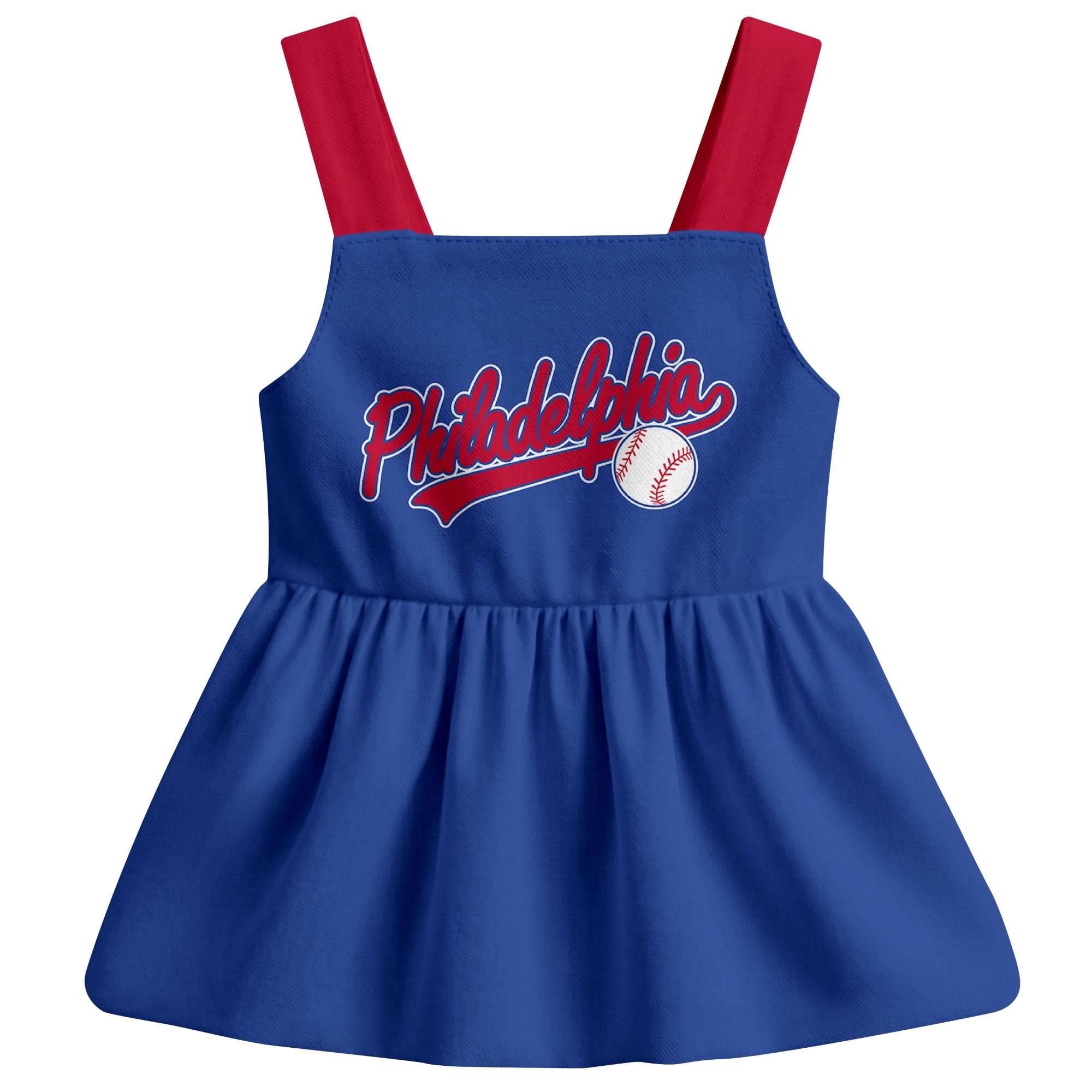 Royal Philadelphia-inspired baseball baby strap dress front view with bold baseball graphic
