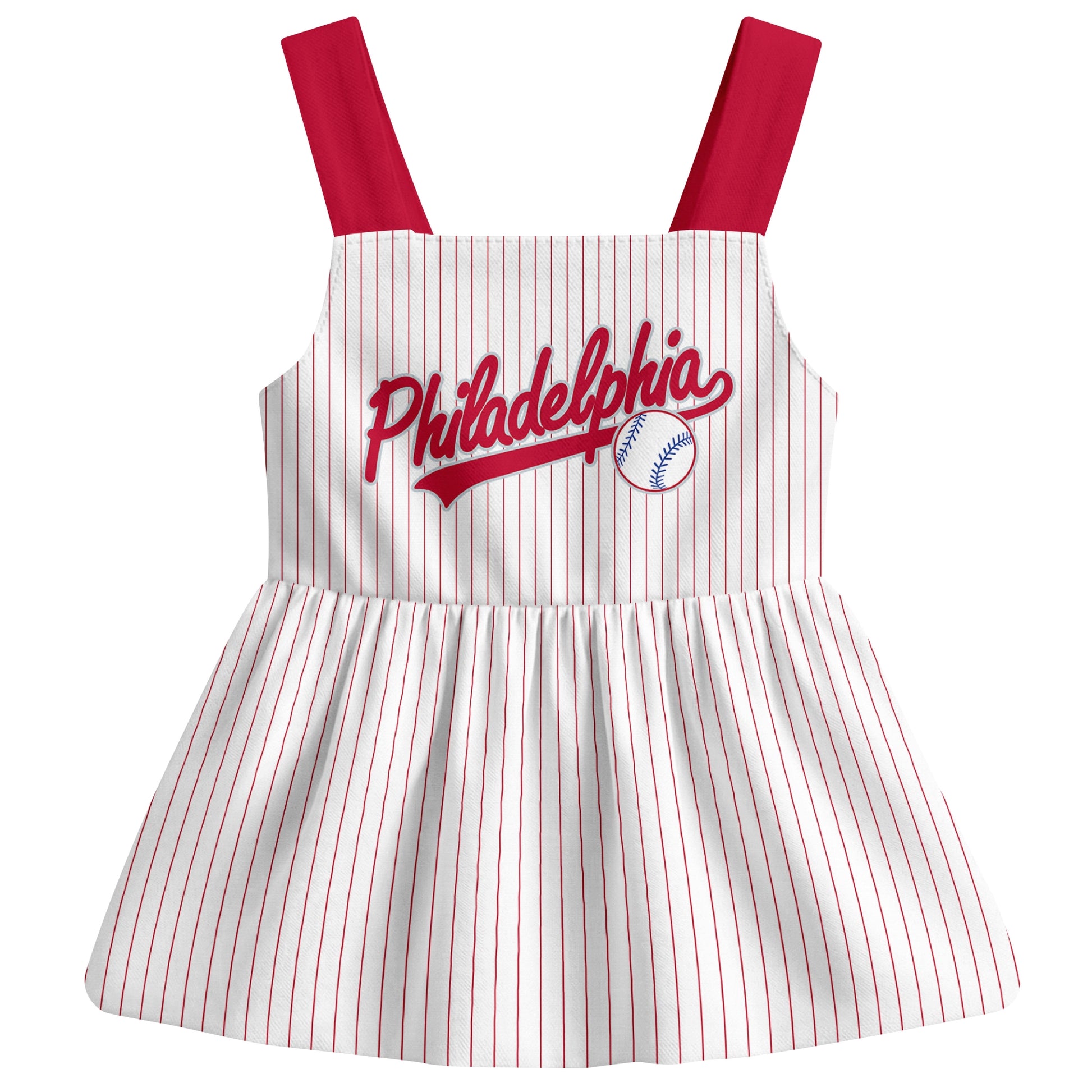 White Philadelphia-inspired baseball baby strap dress front view with bold baseball graphic