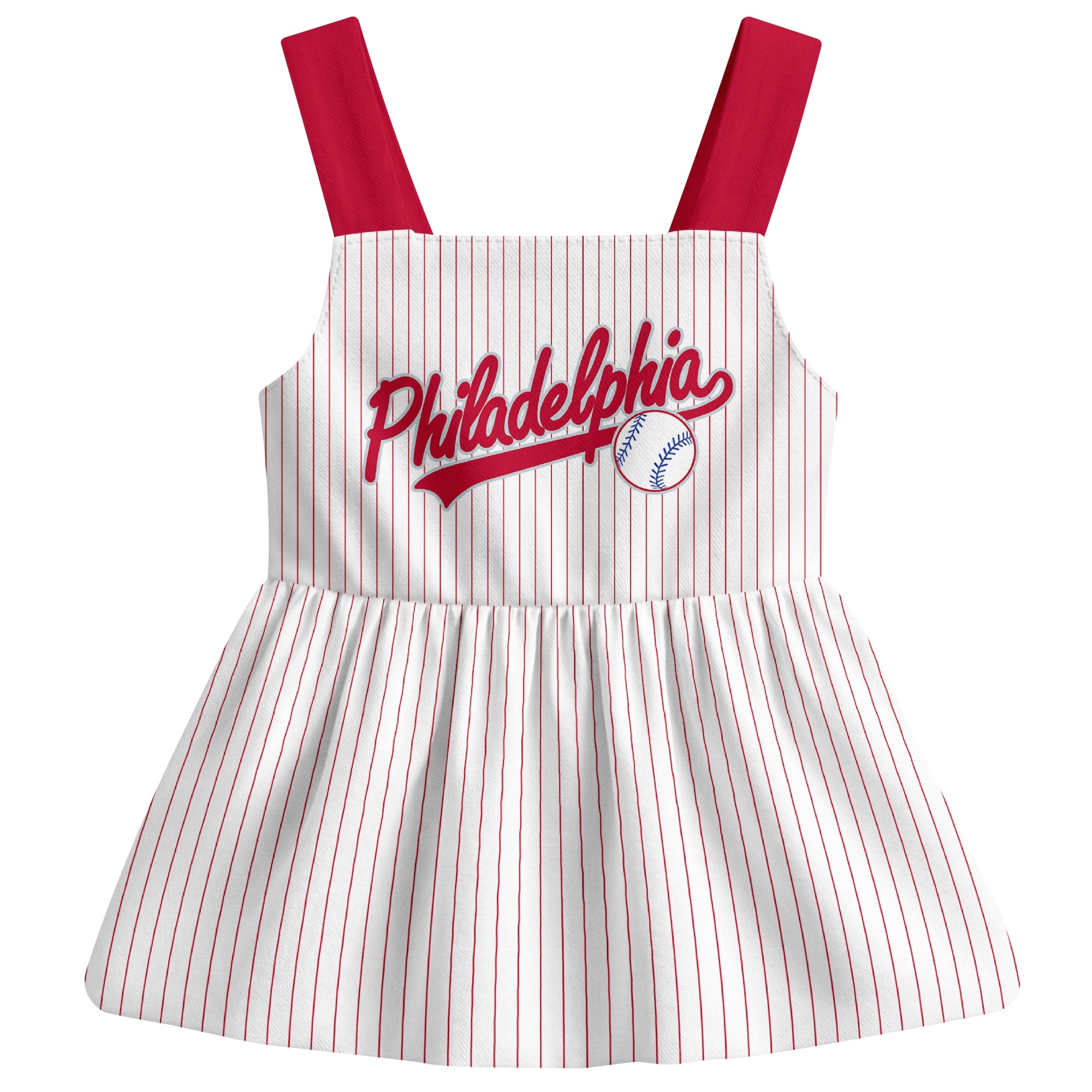 White Philadelphia-inspired baseball baby strap dress front view with bold baseball graphic