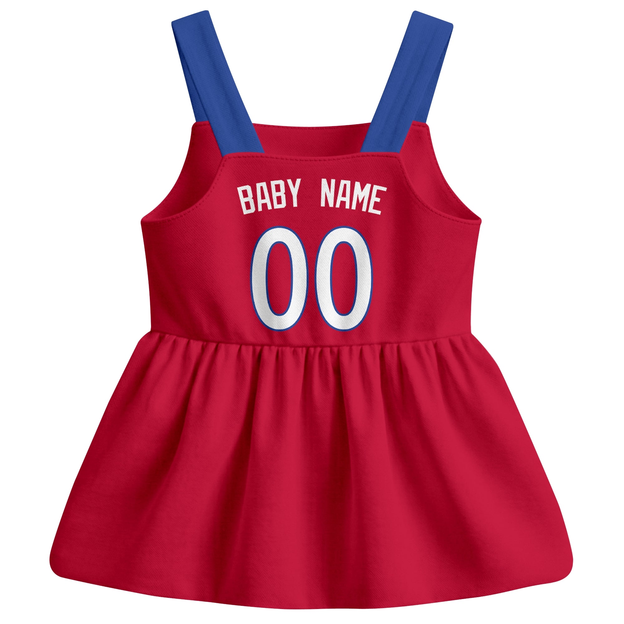 Red Philadelphia-inspired baseball baby strap dress back view with custom baby name and number