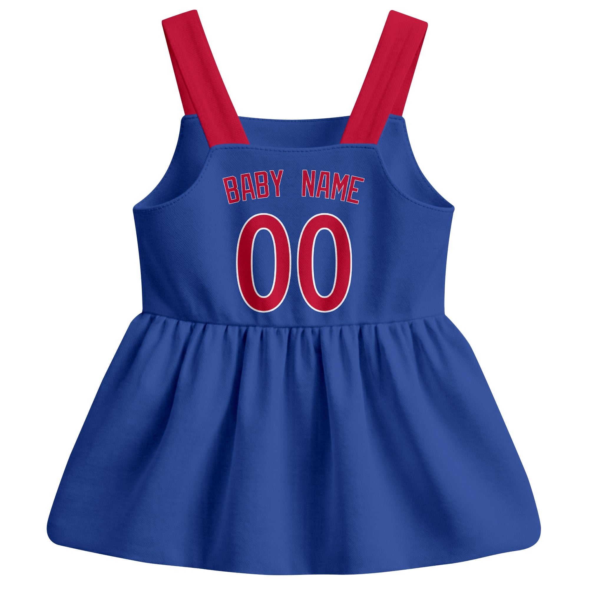 Royal Philadelphia-inspired baseball baby strap dress back view with custom baby name and number