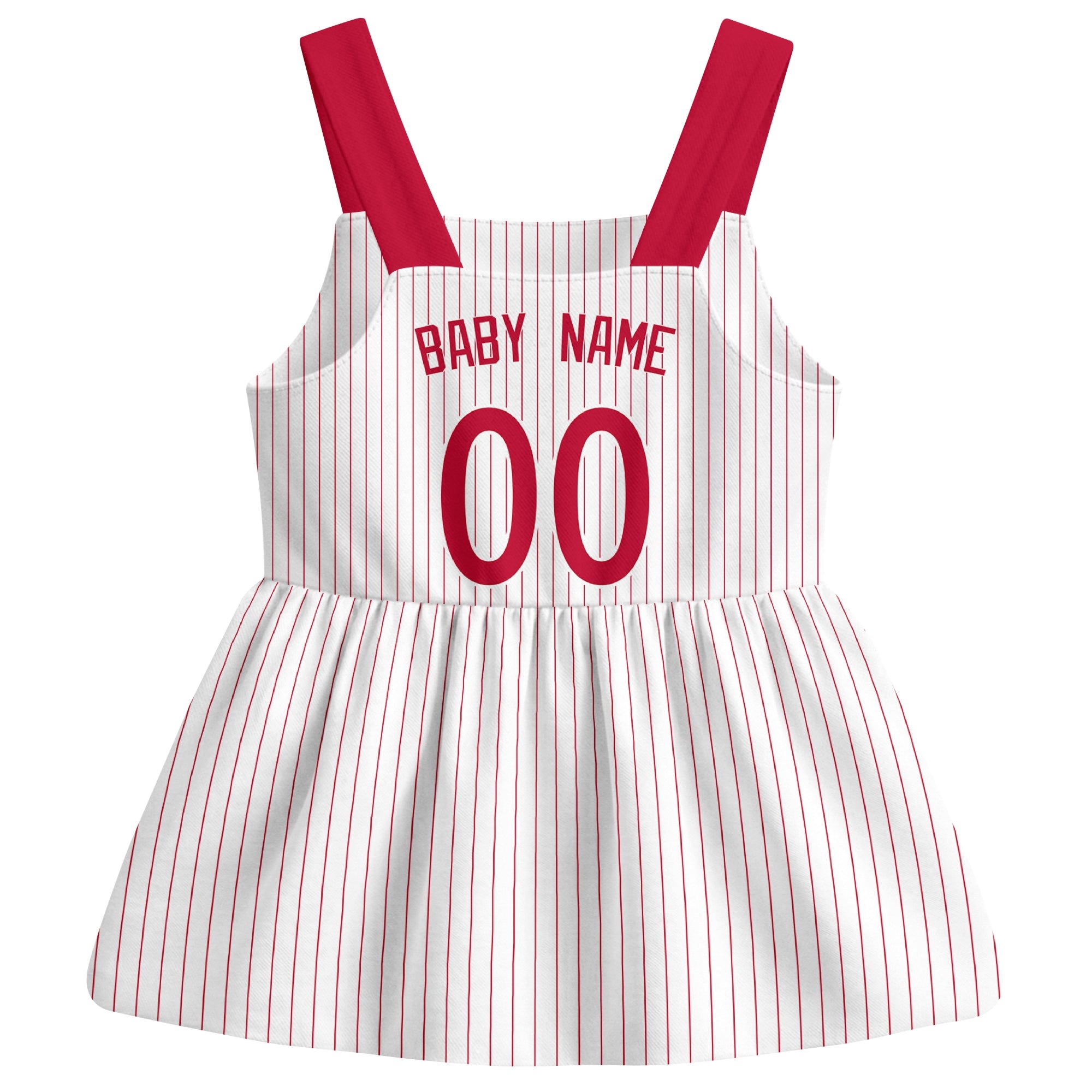 White Philadelphia-inspired baseball baby strap dress back view with custom baby name and number