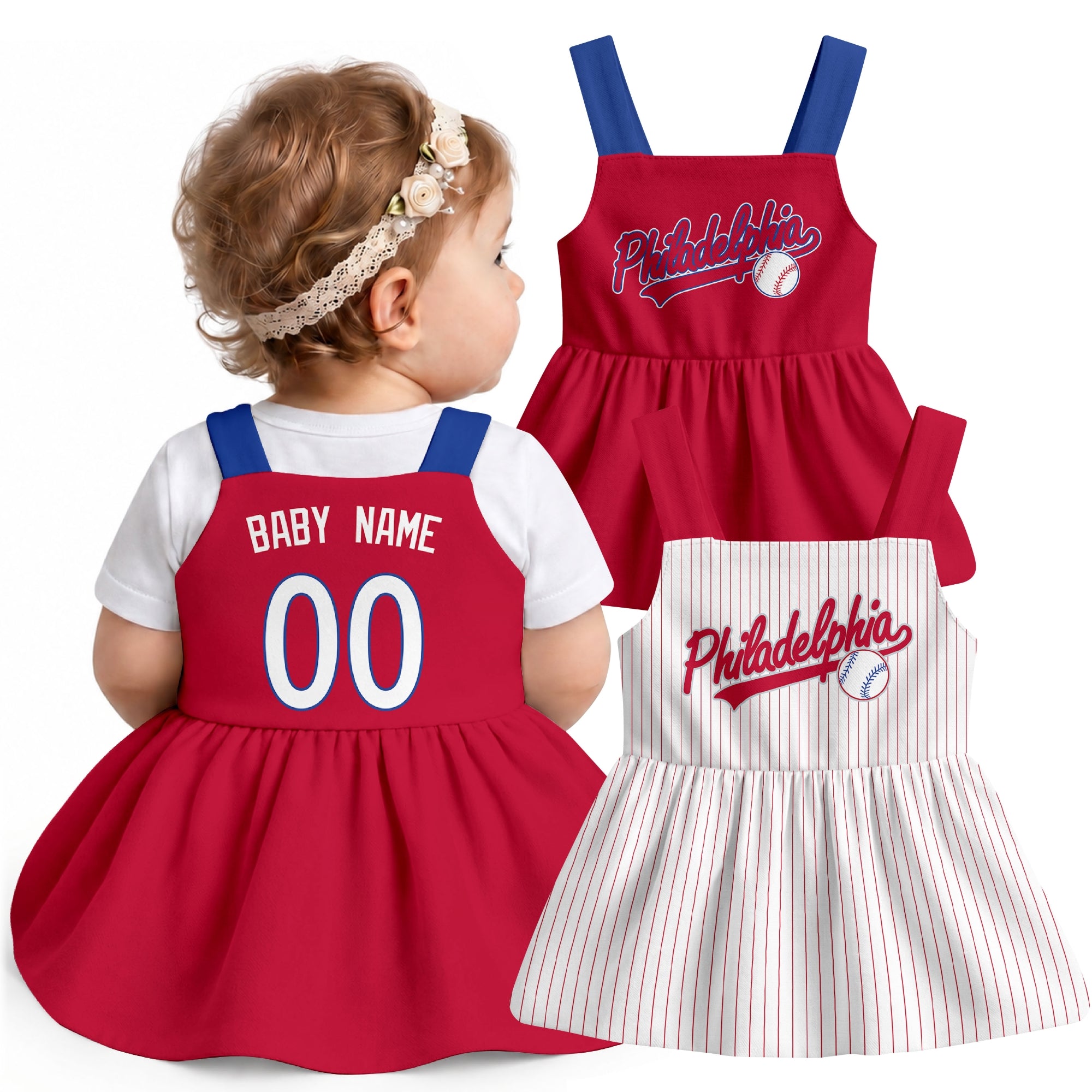Philadelphia-inspired baseball baby strap dress modeled in Red, with Red and White front designs shown