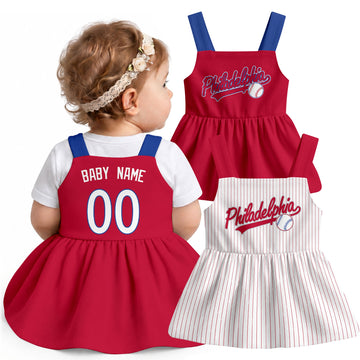 Philadelphia-inspired baseball baby strap dress modeled in Red, with Red and White front designs shown