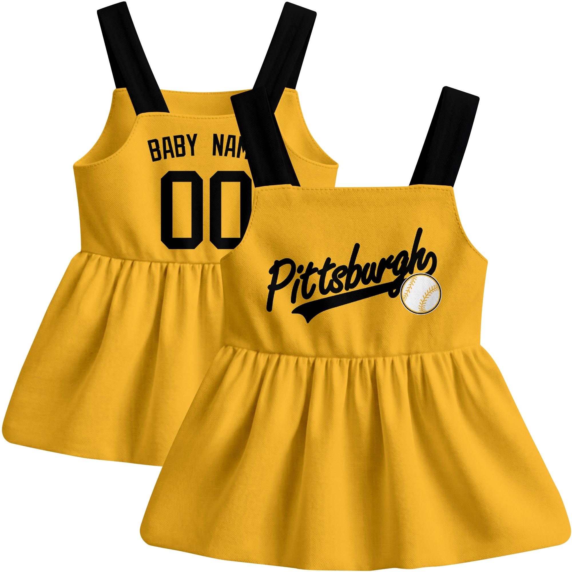 Gold Pittsburgh-inspired baseball baby strap dress front and back view with custom name and number