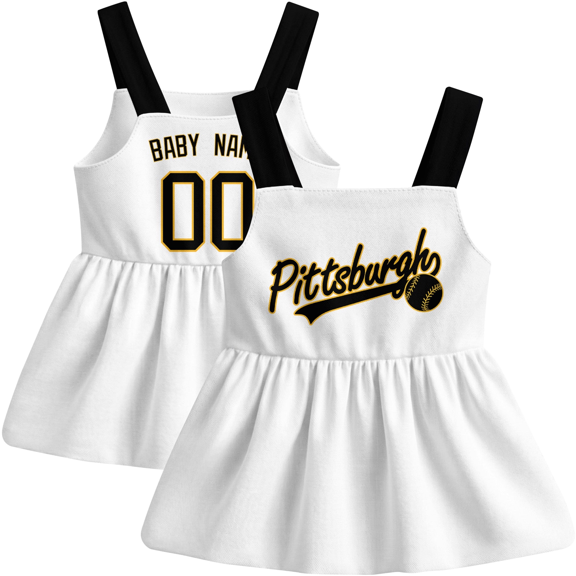 White Pittsburgh-inspired baseball baby strap dress front and back view with custom name and number