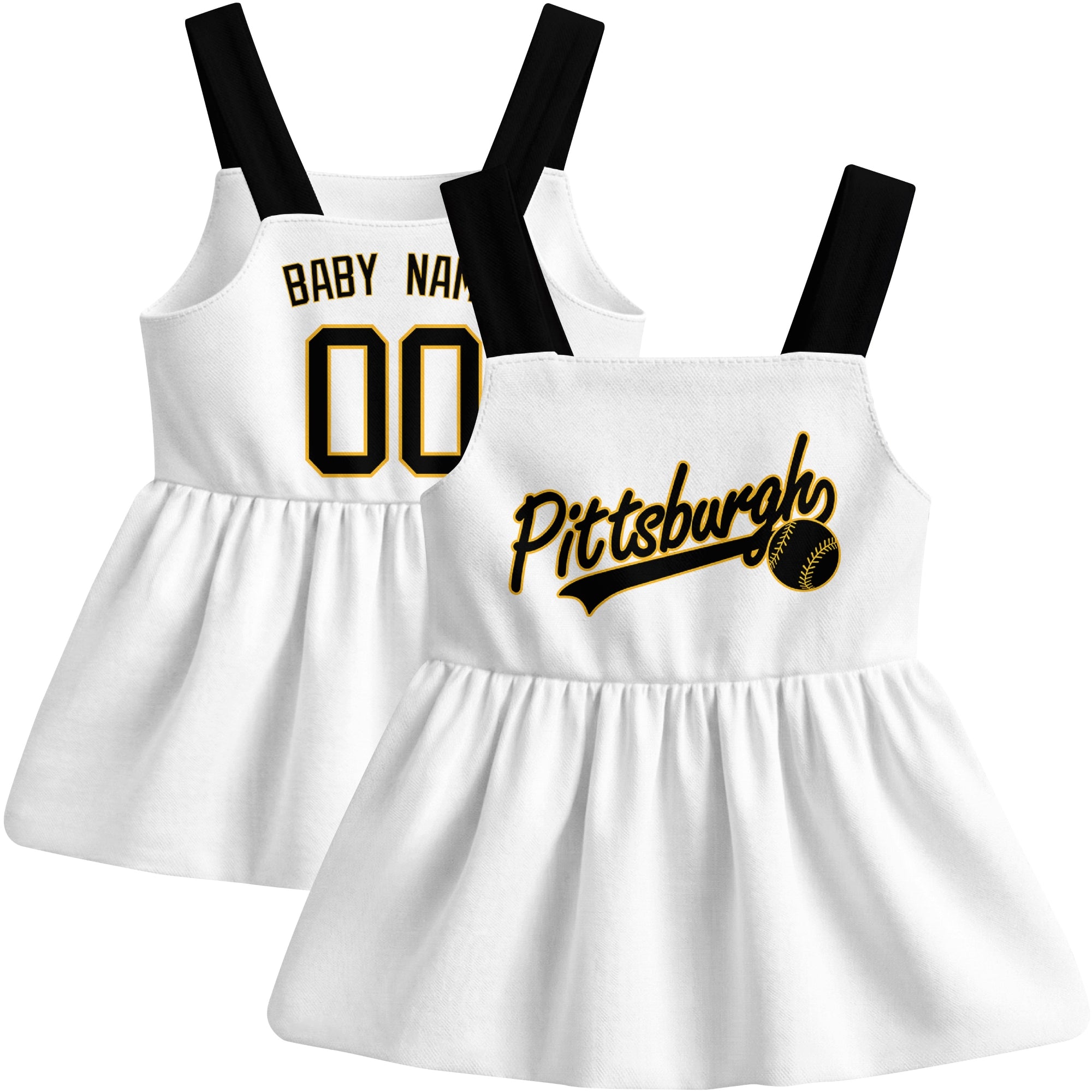 White Pittsburgh-inspired baseball baby strap dress front and back view with custom name and number