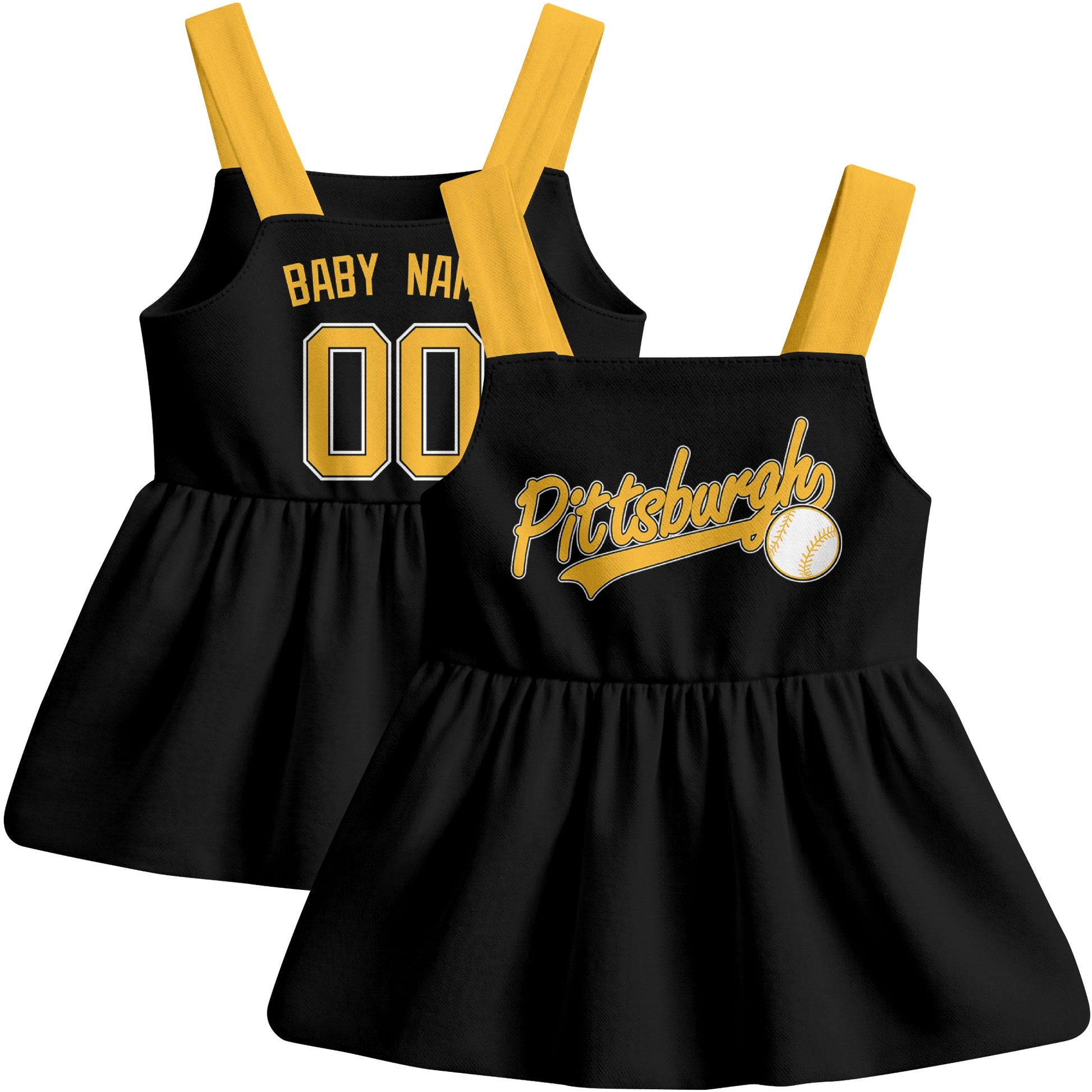 Black Pittsburgh-inspired baseball baby strap dress front and back view with custom name and number