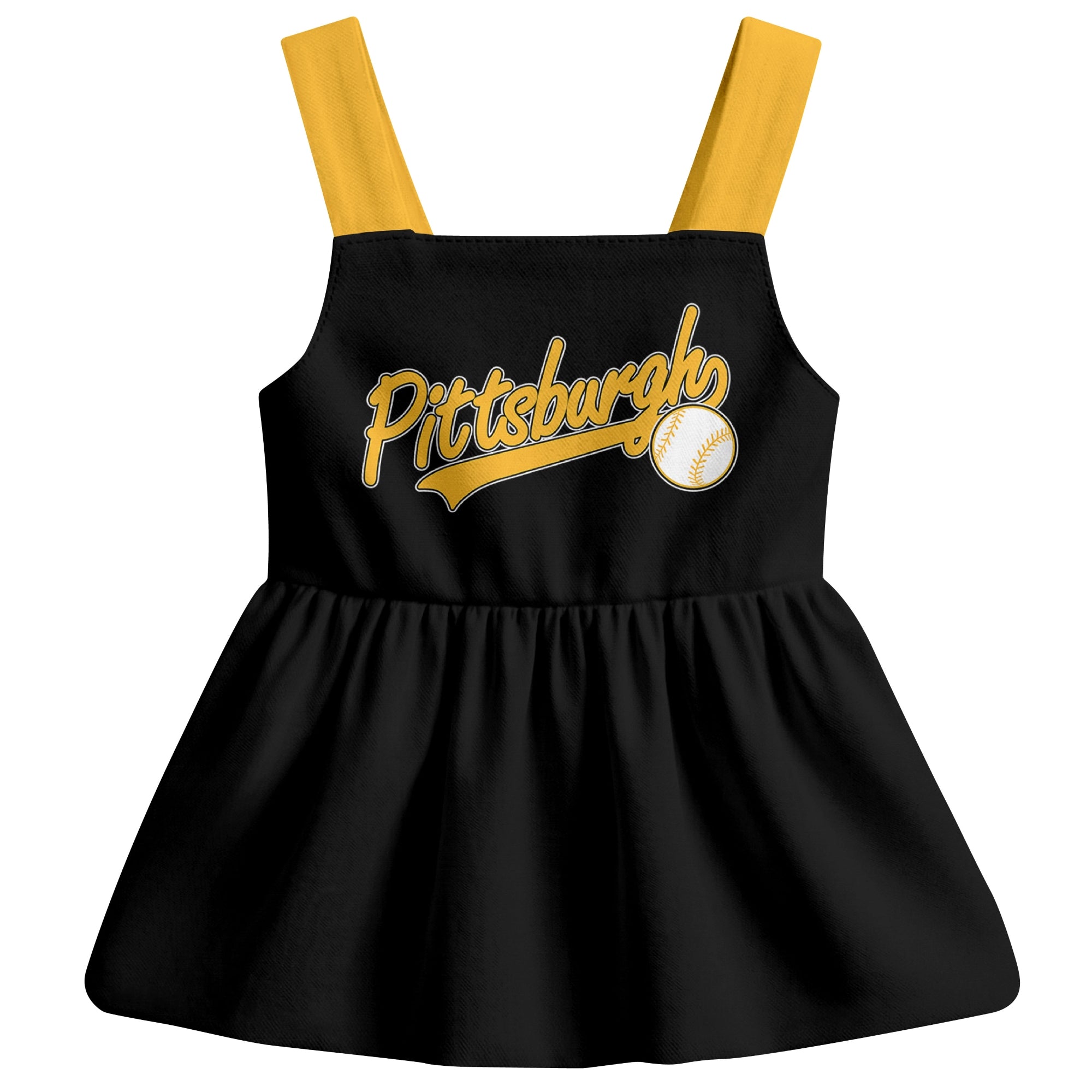 Black Pittsburgh-inspired baseball baby strap dress front view with bold baseball graphic