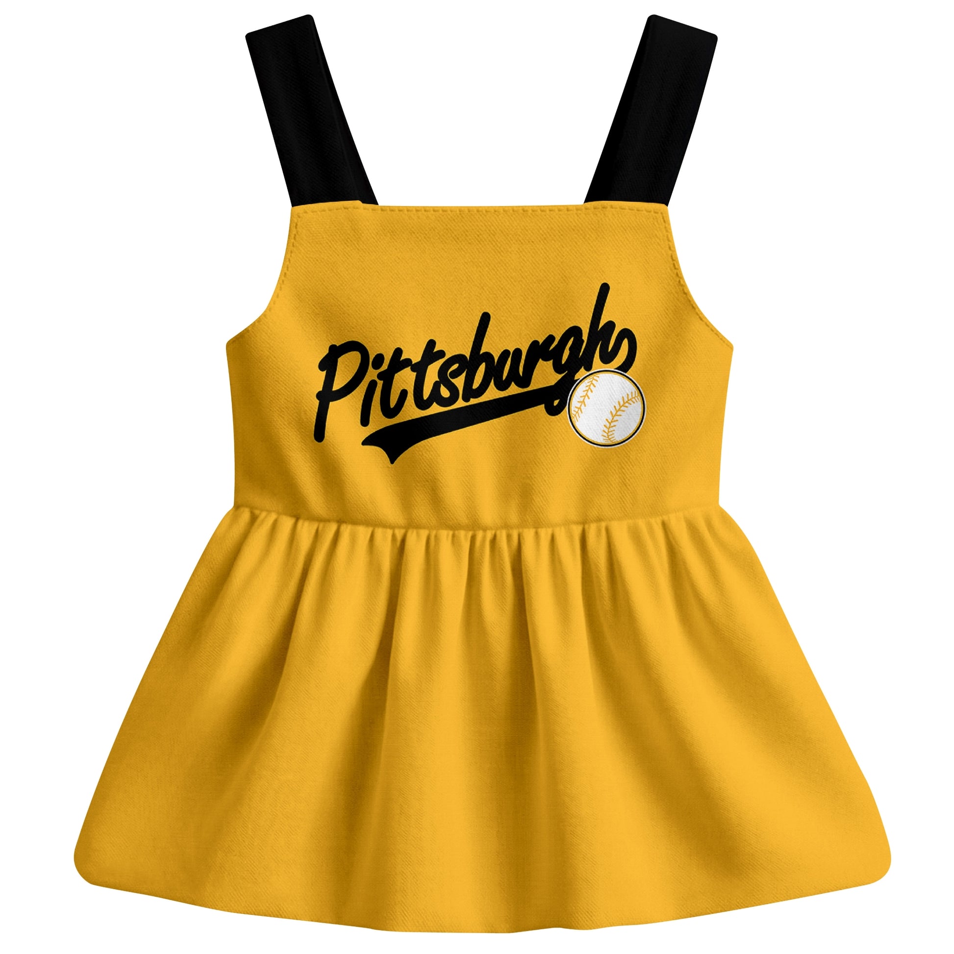 Gold Pittsburgh-inspired baseball baby strap dress front view with bold baseball graphic