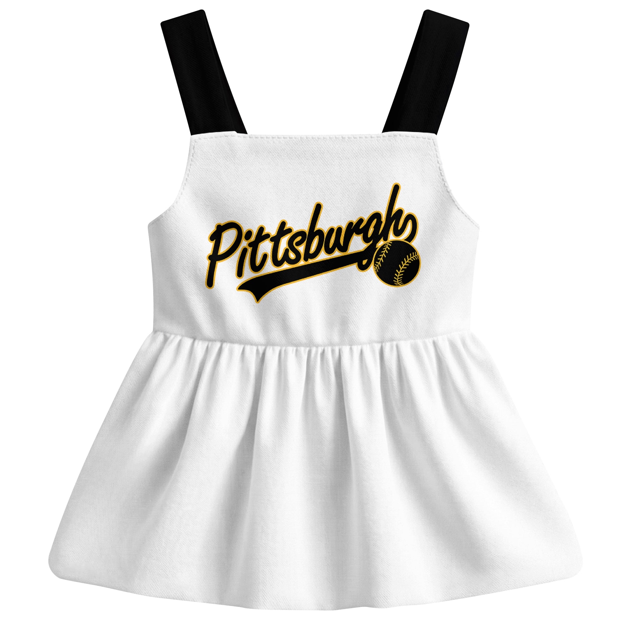 White Pittsburgh-inspired baseball baby strap dress front view with bold baseball graphic