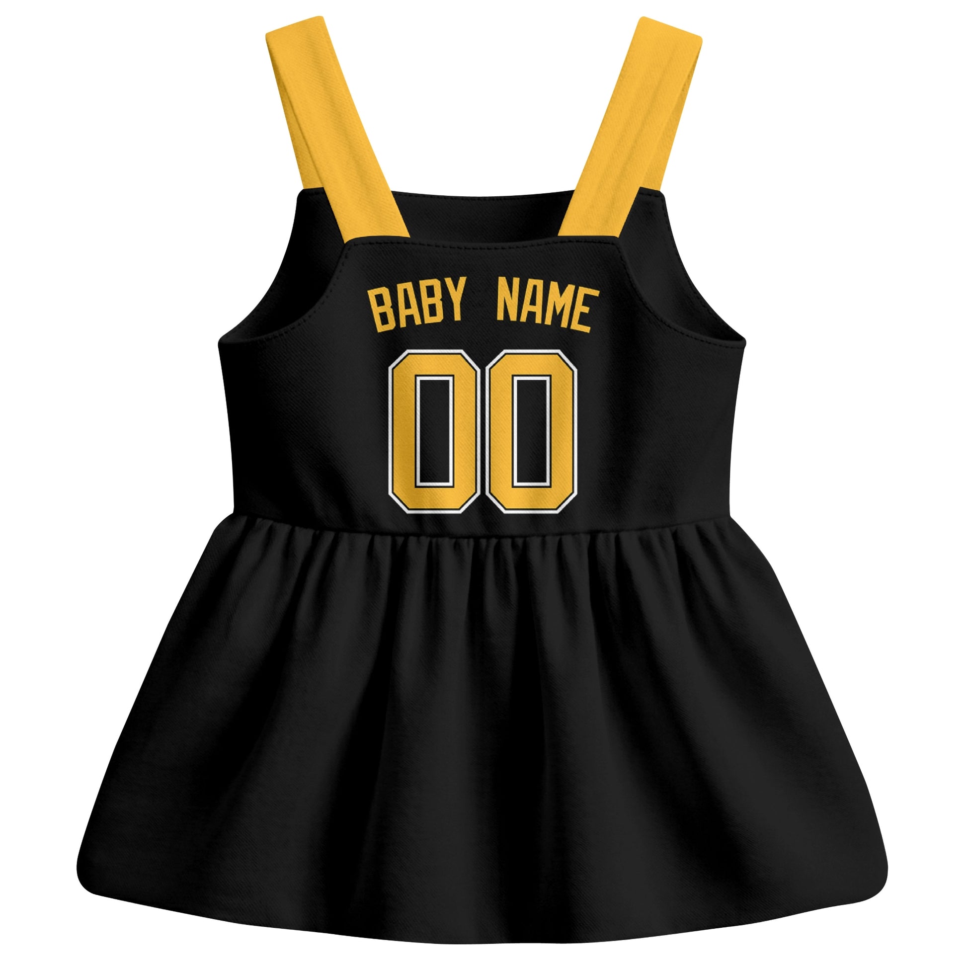 Black Pittsburgh-inspired baseball baby strap dress back view with custom baby name and number