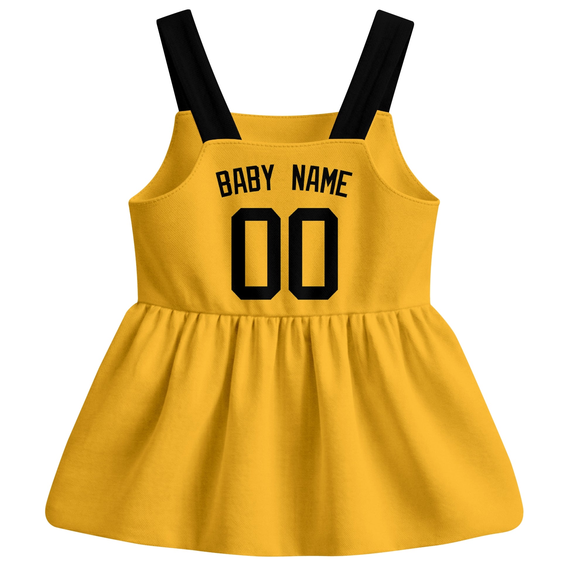 Gold Pittsburgh-inspired baseball baby strap dress back view with custom baby name and number