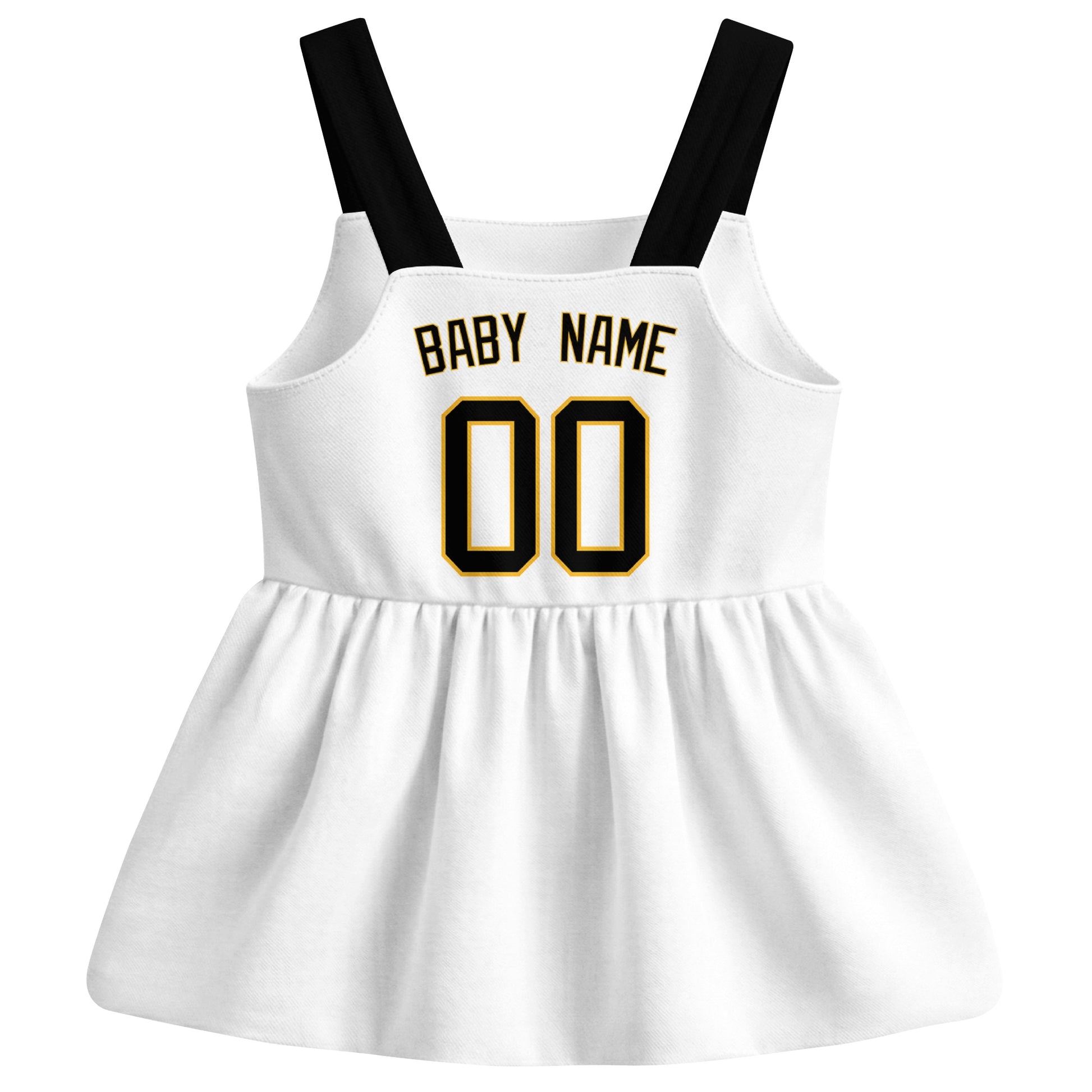 White Pittsburgh-inspired baseball baby strap dress back view with custom baby name and number