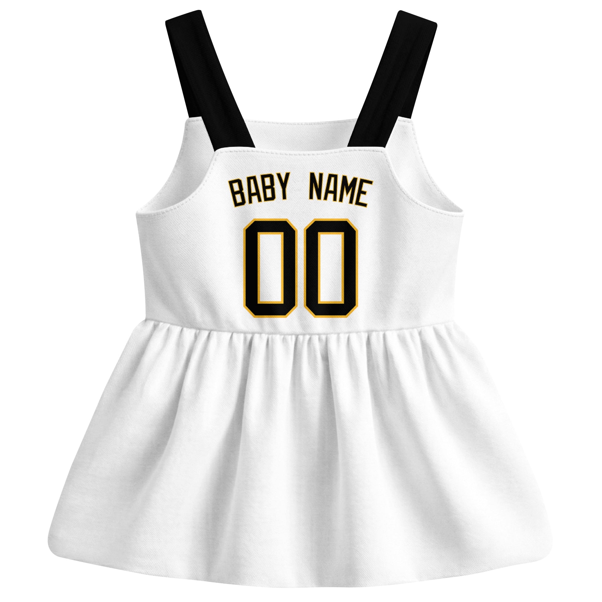 White Pittsburgh-inspired baseball baby strap dress back view with custom baby name and number