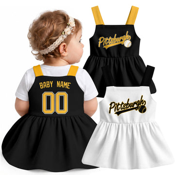 Pittsburgh-inspired baseball baby strap dress modeled in Black, with Black and White front designs shown