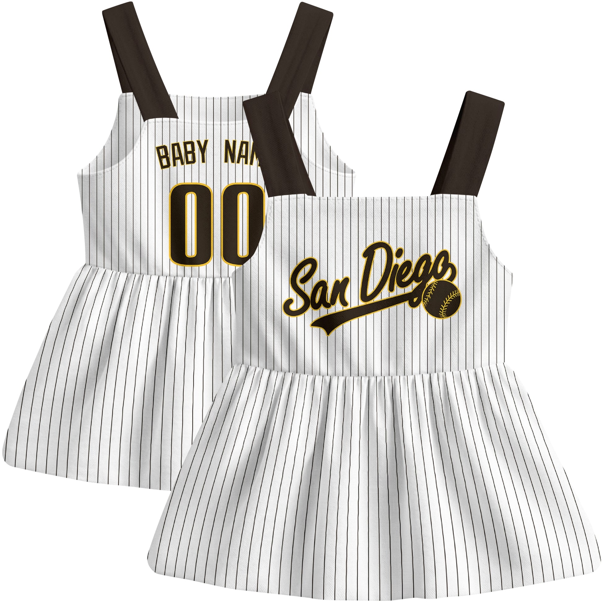 White San Diego-inspired baseball baby strap dress front and back view with custom name and number