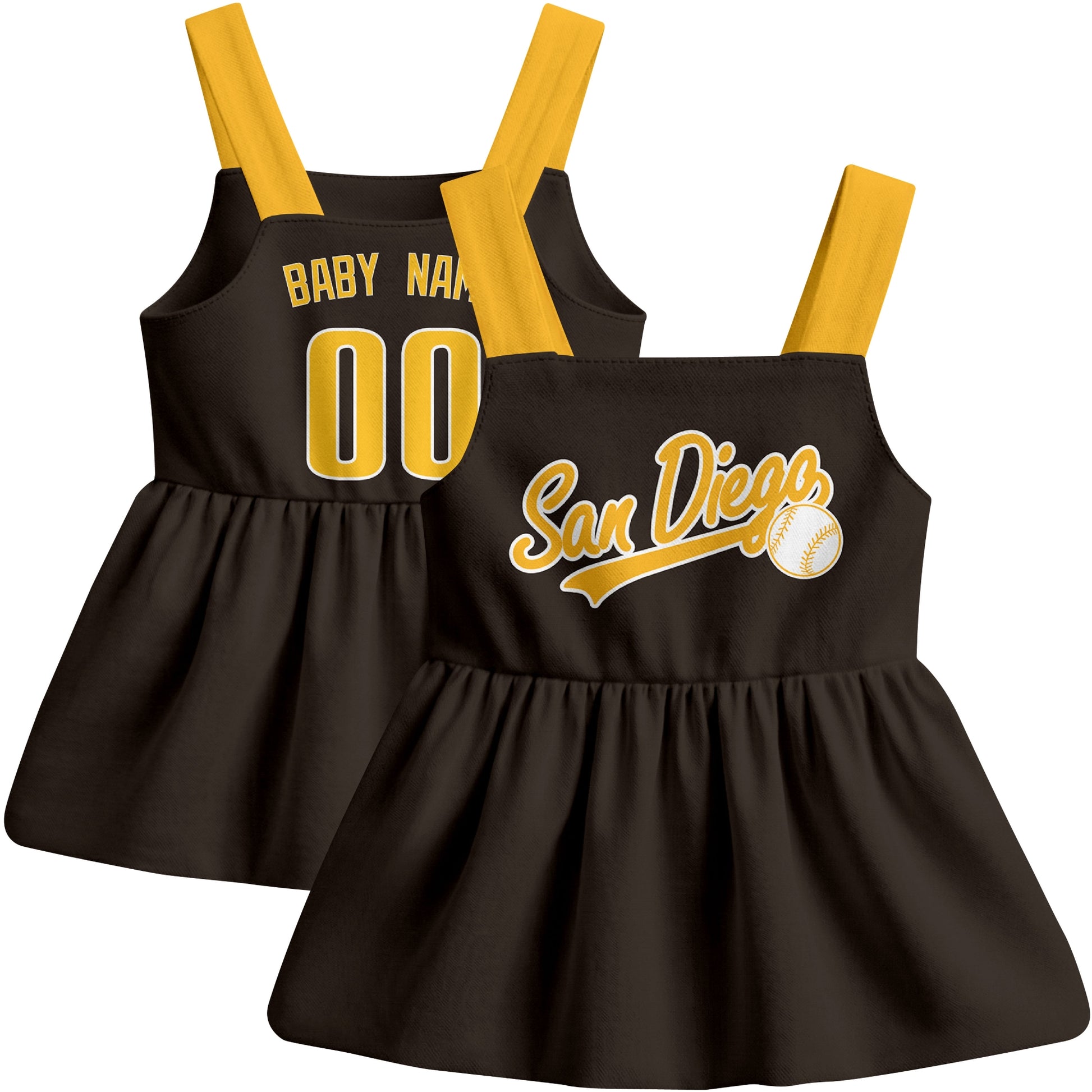 Brown San Diego-inspired baseball baby strap dress front and back view with custom name and number