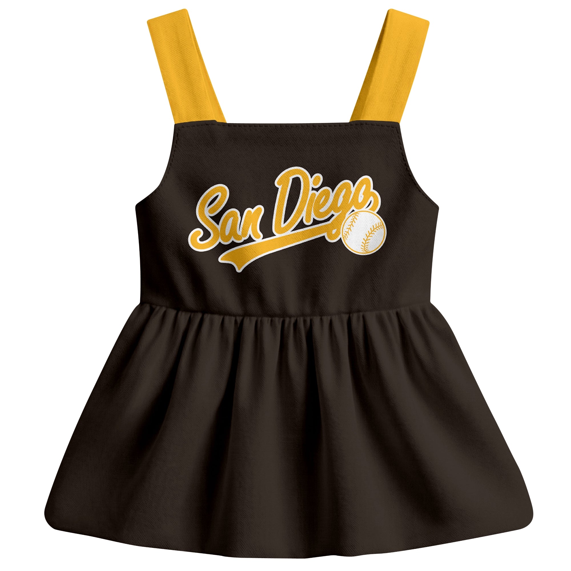 Brown San Diego-inspired baseball baby strap dress front view with bold baseball graphic