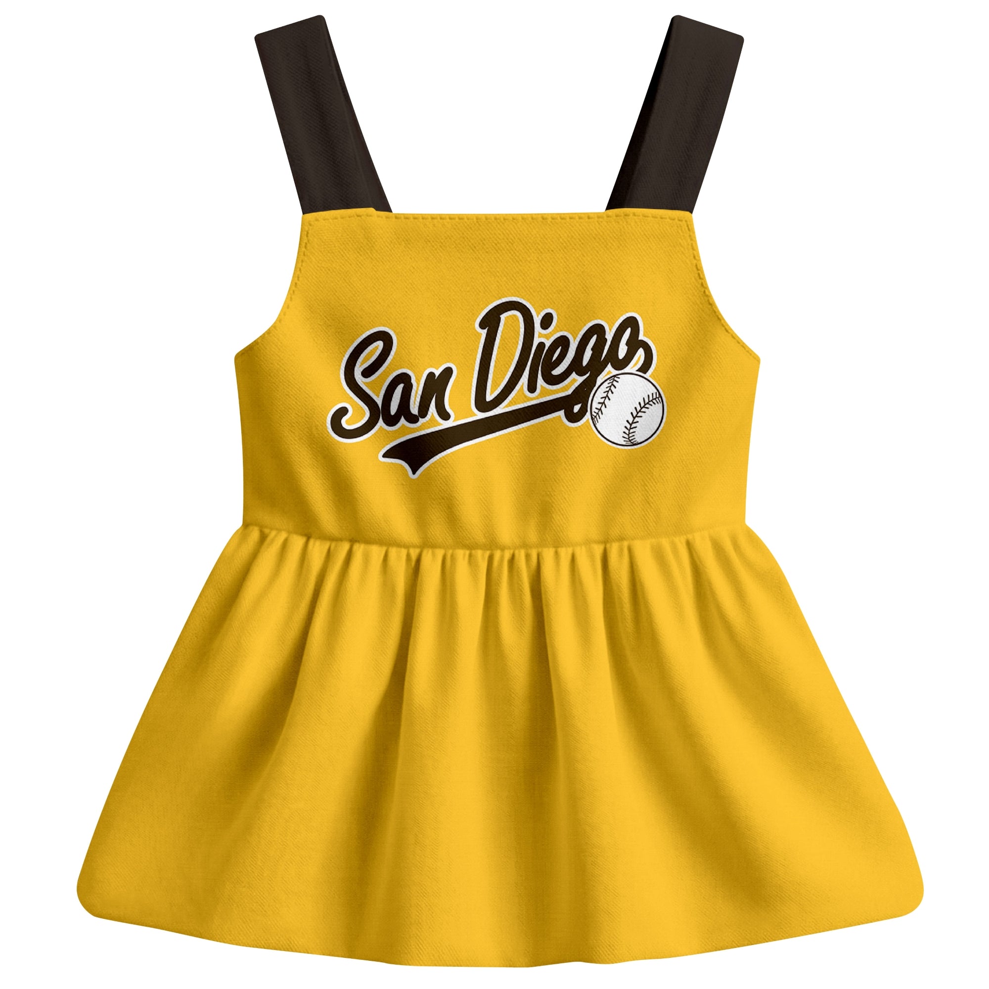 Gold San Diego-inspired baseball baby strap dress front view with bold baseball graphic