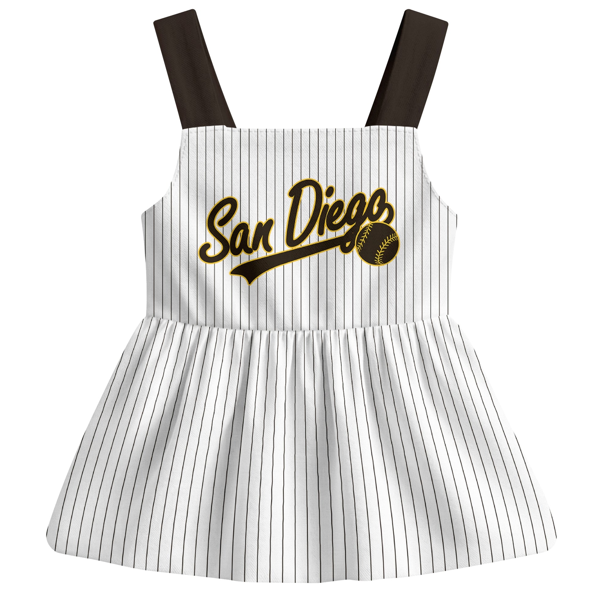 White San Diego-inspired baseball baby strap dress front view with bold baseball graphic