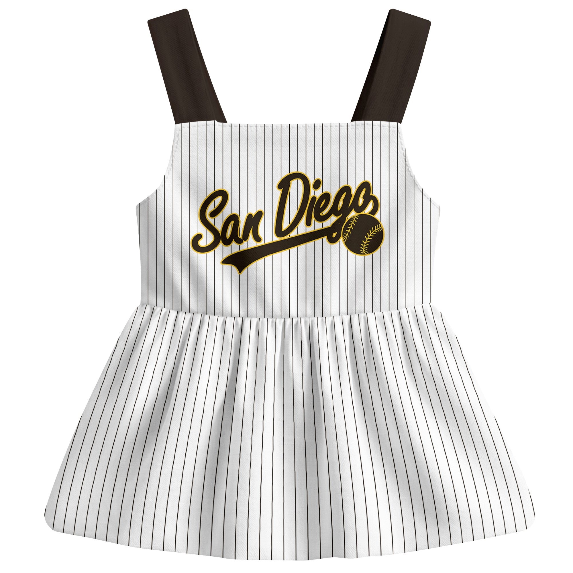 White San Diego-inspired baseball baby strap dress front view with bold baseball graphic