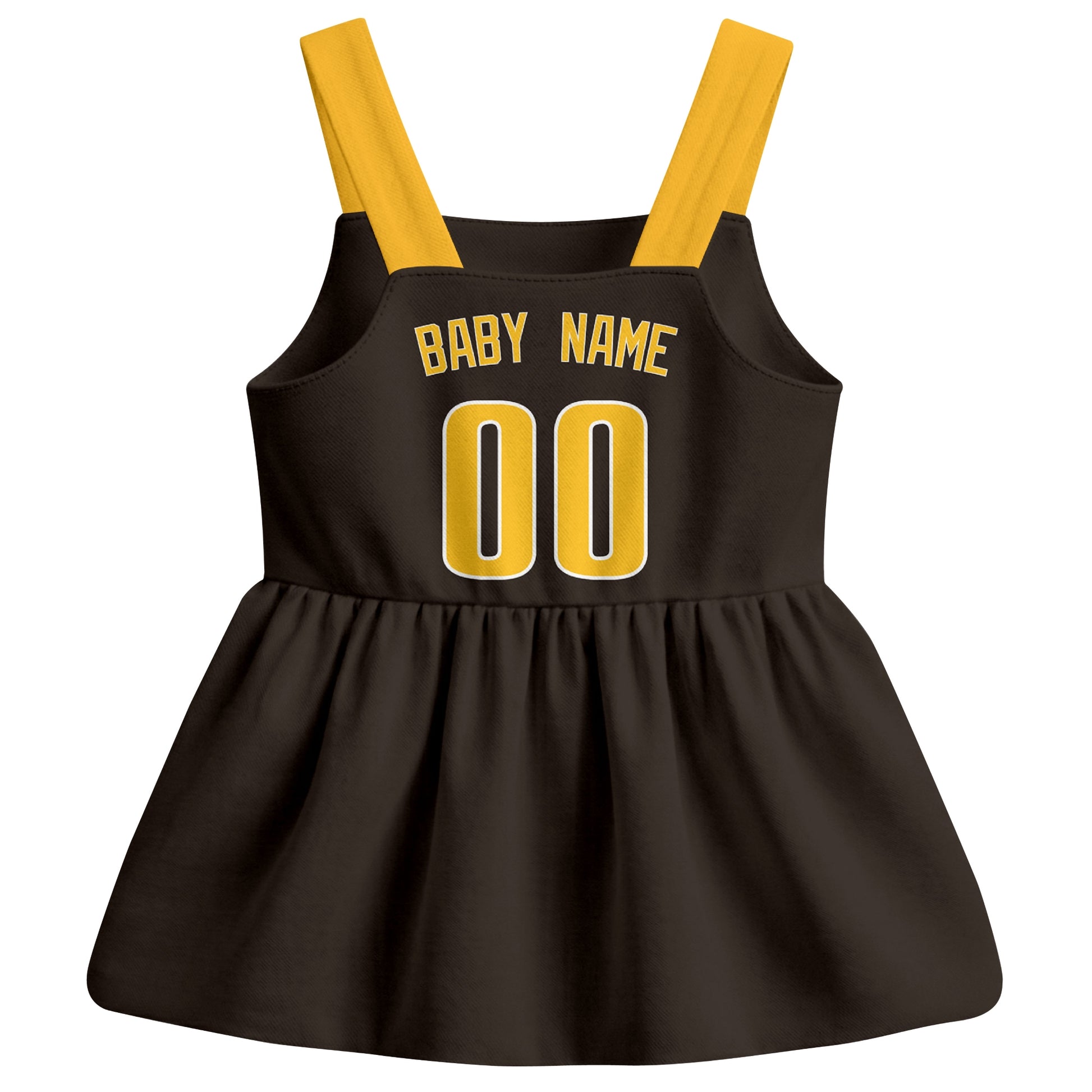 Brown San Diego-inspired baseball baby strap dress back view with custom baby name and number
