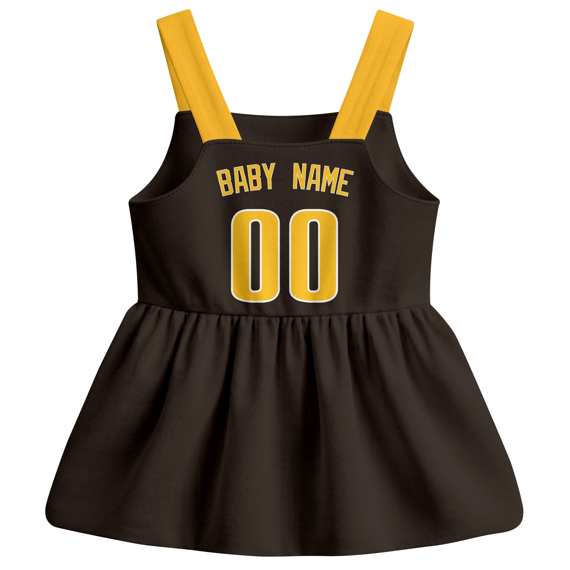 Brown San Diego-inspired baseball baby strap dress back view with custom baby name and number