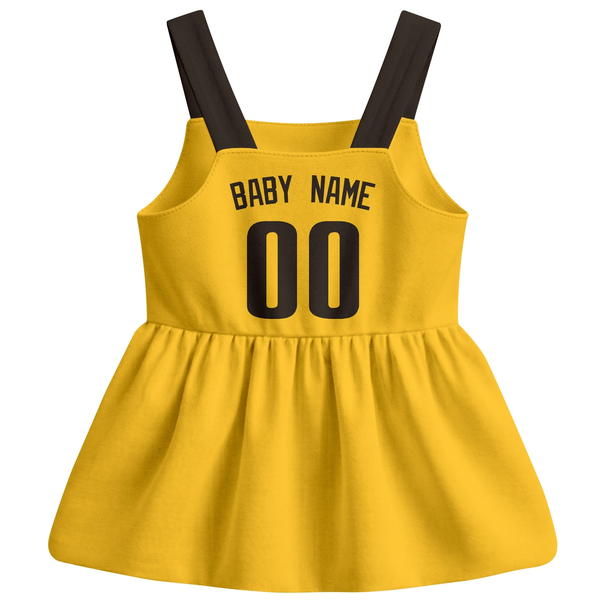 Gold San Diego-inspired baseball baby strap dress back view with custom baby name and number